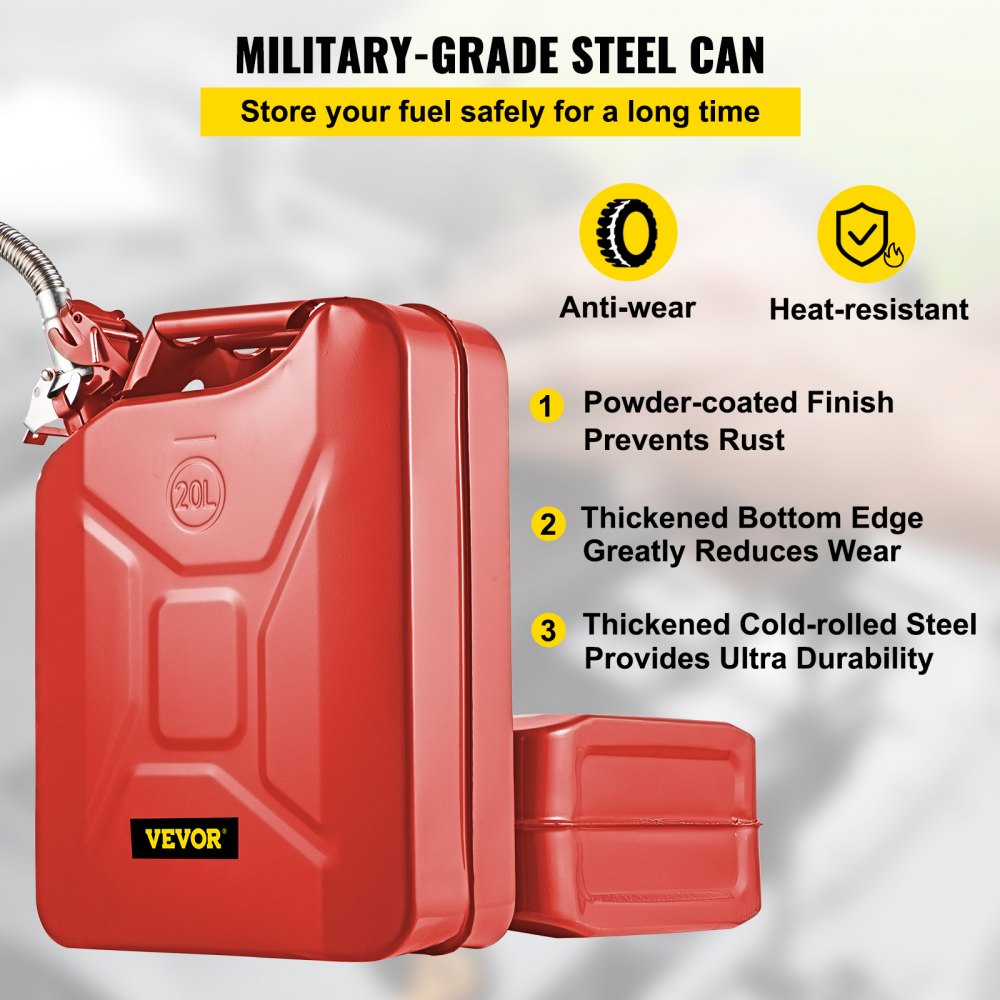 VEVOR Fuel Can, 5.3 Gallon / 20 L Portable Gas Can with Flexible Spout System, Rustproof ? Heat-resistant Steel Fuel Tank for Cars Trucks Equipment, Red 