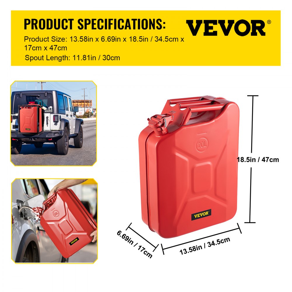 VEVOR Fuel Can, 5.3 Gallon / 20 L Portable Gas Can with Flexible Spout System, Rustproof ? Heat-resistant Steel Fuel Tank for Cars Trucks Equipment, Red 