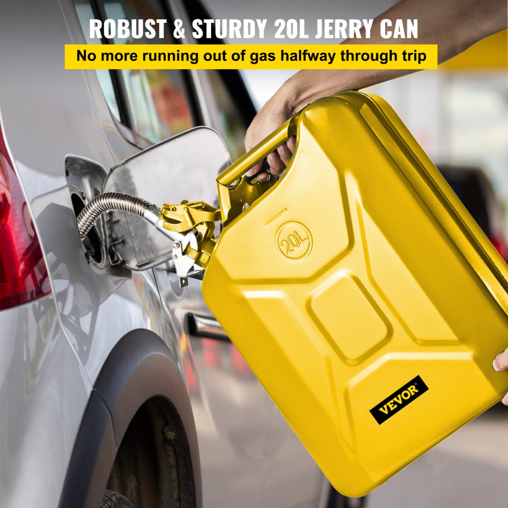 VEVOR Jerry Fuel Can, 5.3 Gallon / 20 L Portable Jerry Gas Can with Flexible Spout System, Rustproof ? Heat-resistant Steel Fuel Tank for Cars Trucks Equipment, Yellow 