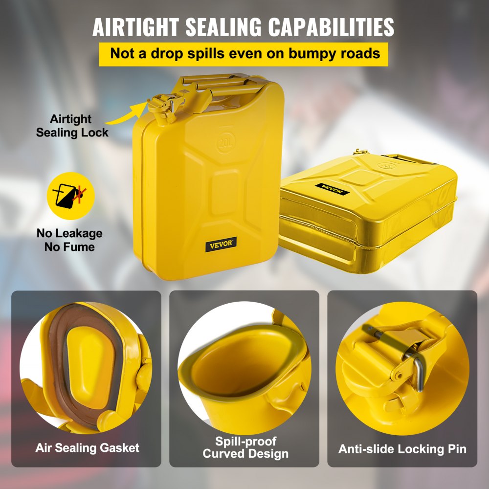 VEVOR Jerry Fuel Can, 5.3 Gallon / 20 L Portable Jerry Gas Can with Flexible Spout System, Rustproof ? Heat-resistant Steel Fuel Tank for Cars Trucks Equipment, Yellow 