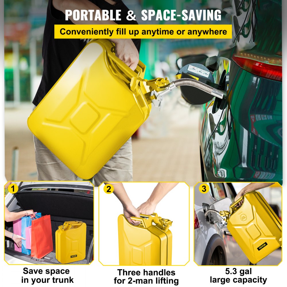 VEVOR Jerry Fuel Can, 5.3 Gallon / 20 L Portable Jerry Gas Can with Flexible Spout System, Rustproof ? Heat-resistant Steel Fuel Tank for Cars Trucks Equipment, Yellow 