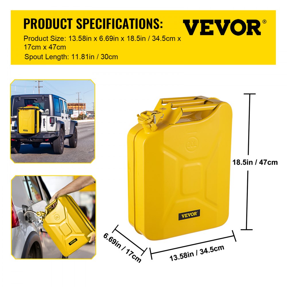 VEVOR Jerry Fuel Can, 5.3 Gallon / 20 L Portable Jerry Gas Can with Flexible Spout System, Rustproof ? Heat-resistant Steel Fuel Tank for Cars Trucks Equipment, Yellow 