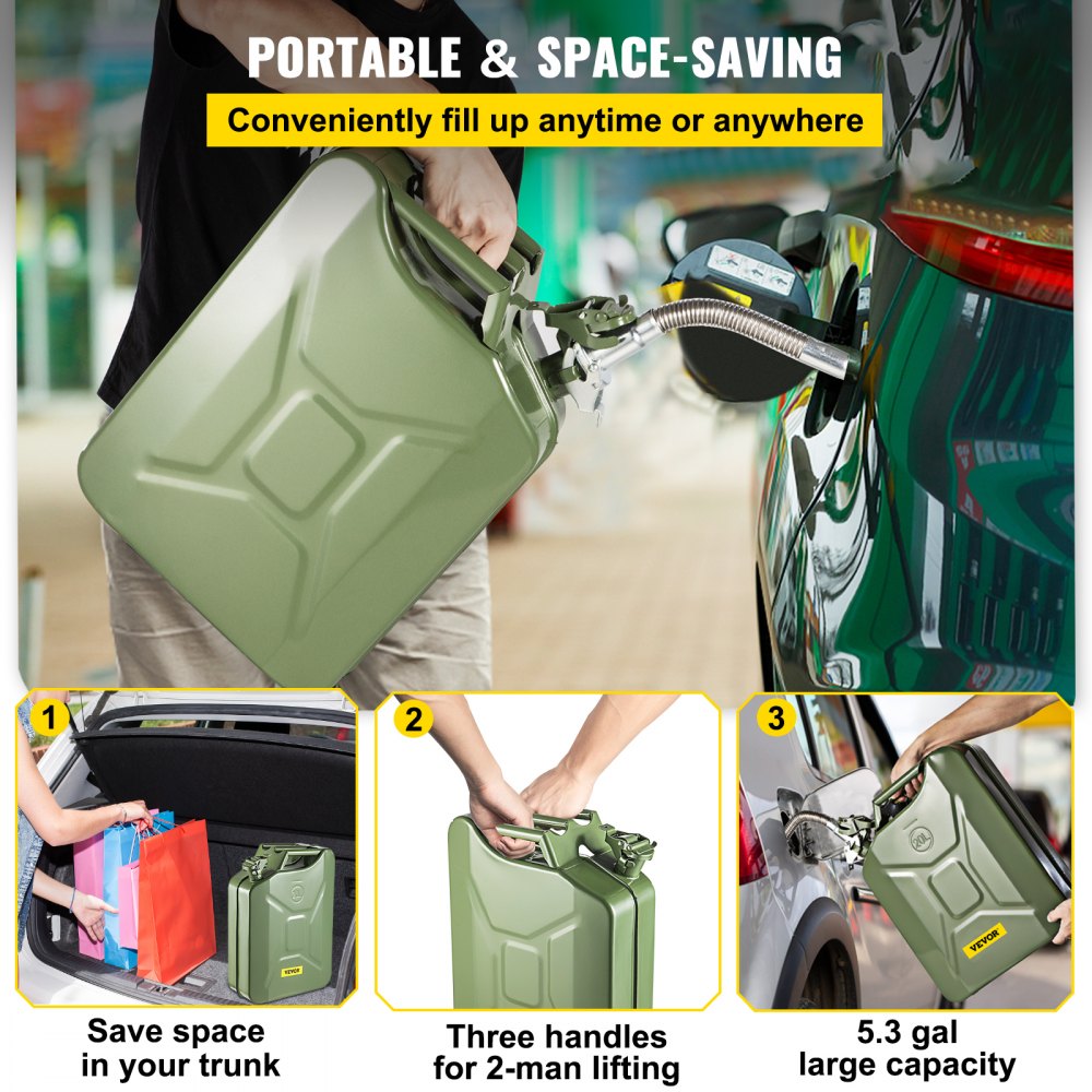VEVOR Jerry Fuel Can, 5.3 Gallon / 20 L Portable Jerry Gas Can with Flexible Spout System, Rustproof ? Heat-resistant Steel Fuel Tank for Cars Trucks Equipment, 2PCS Green 