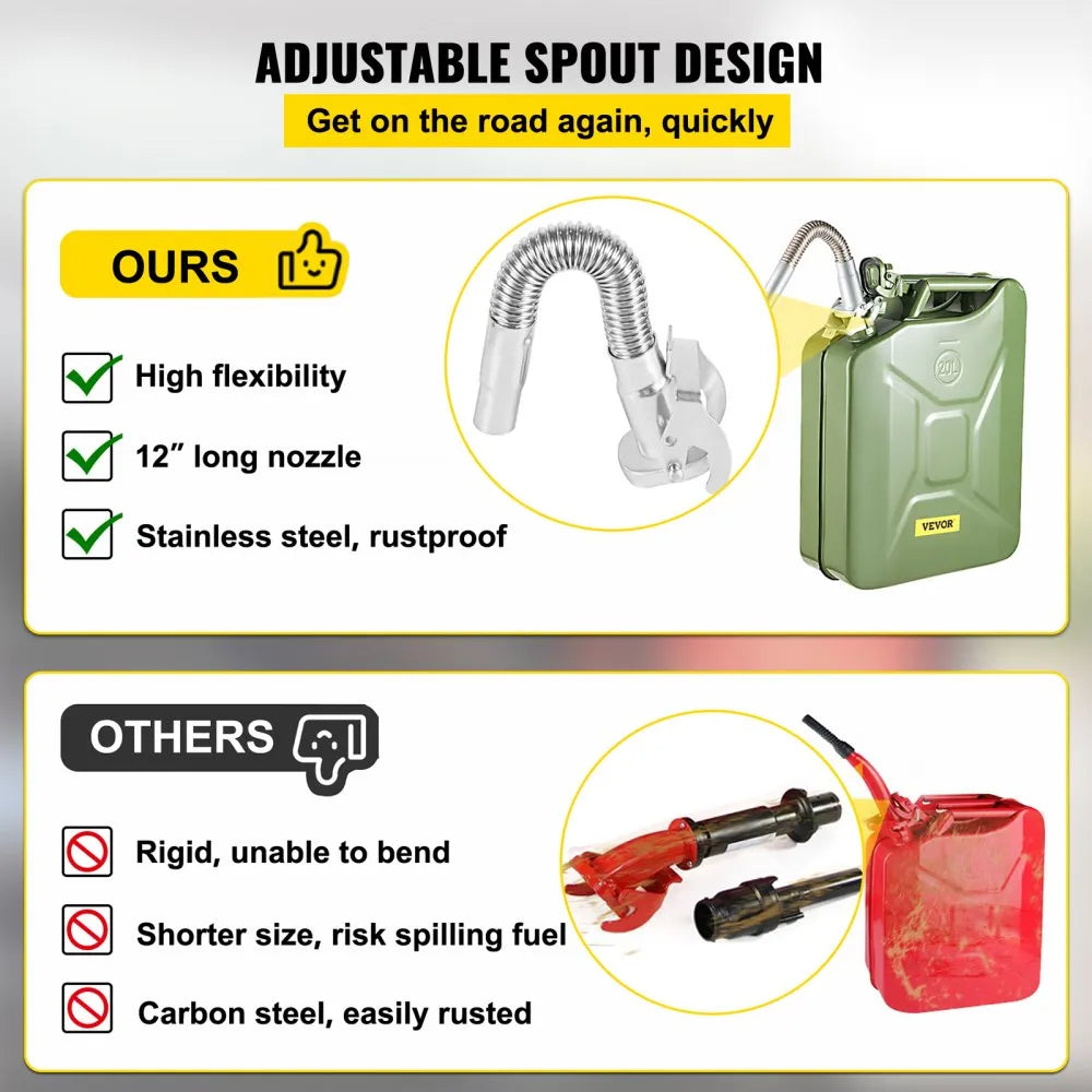VEVOR Fuel Can, 5.3 Gallon / 20 L Portable Gas Can with Flexible Spout System, Rustproof ＆ Heat-resistant Steel Fuel Tank for Cars Trucks Equipment, Green