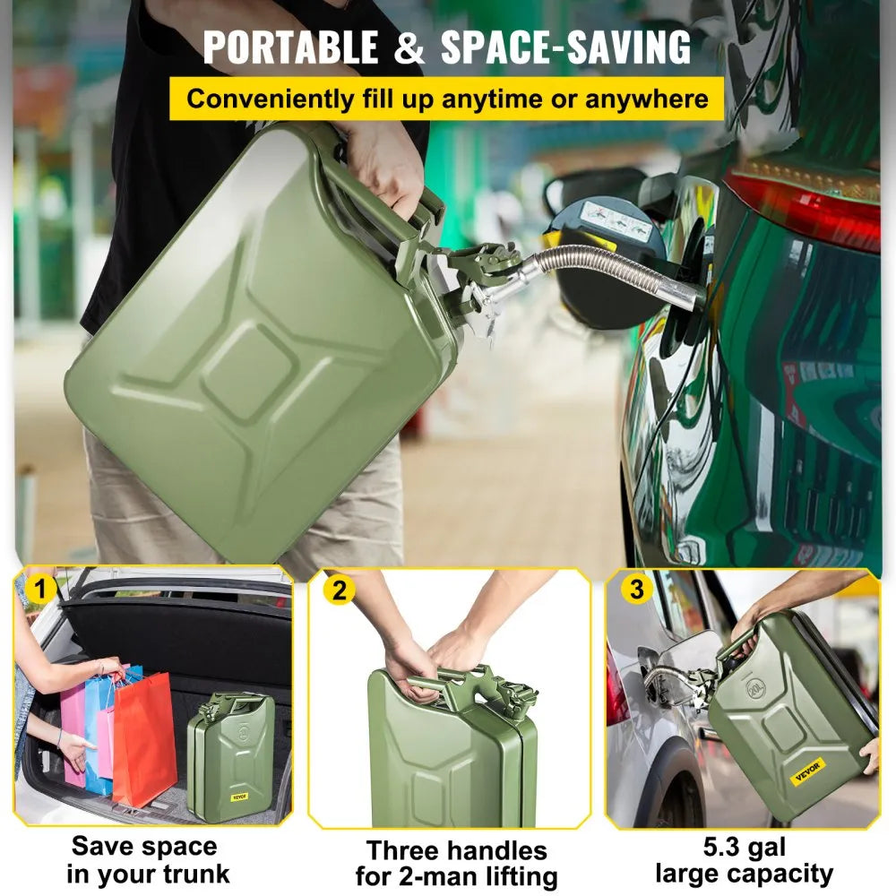 VEVOR Fuel Can, 5.3 Gallon / 20 L Portable Gas Can with Flexible Spout System, Rustproof ＆ Heat-resistant Steel Fuel Tank for Cars Trucks Equipment, Green