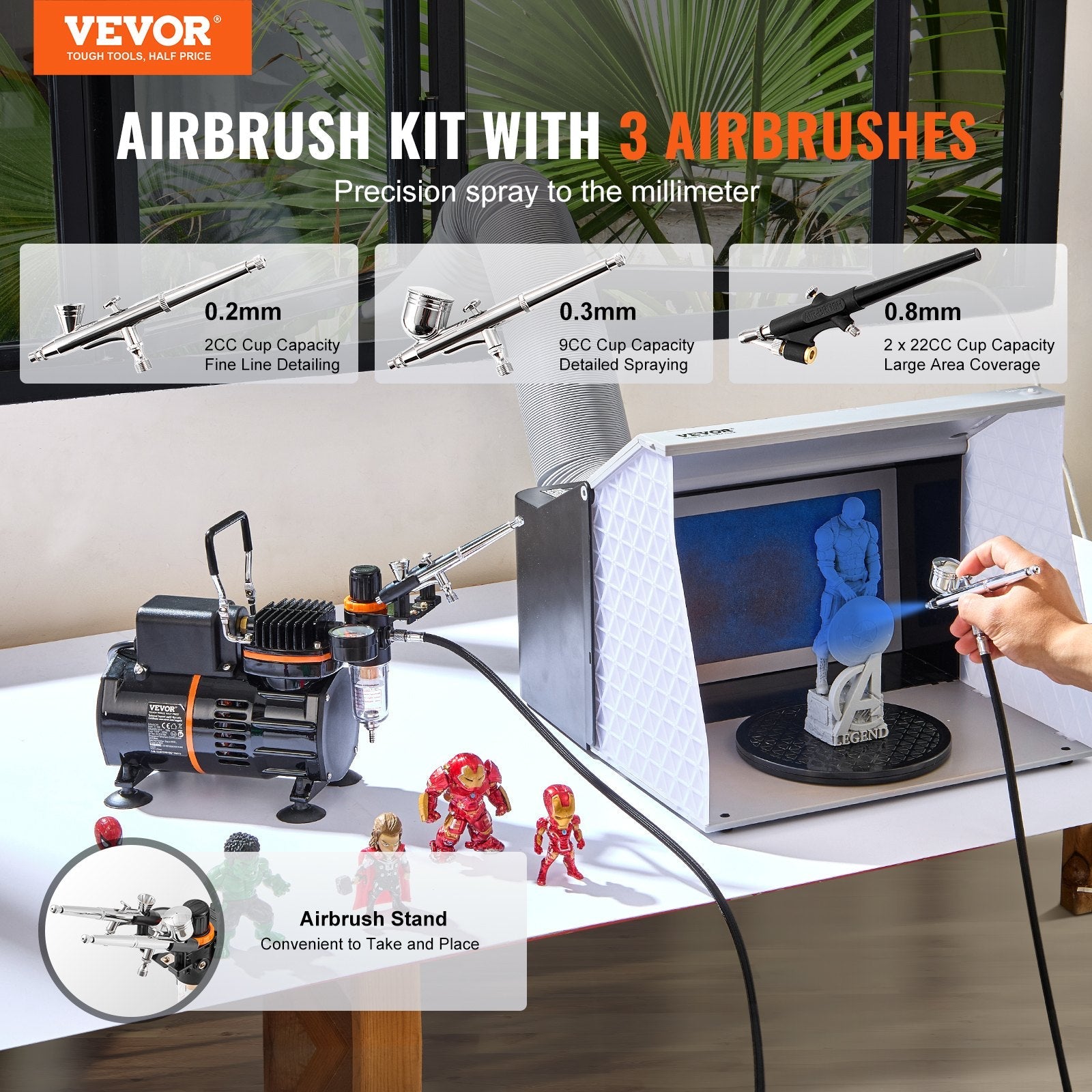 VEVOR Airbrush Kit, Dual Fan Air Compressor Professional Airbrushing System Kit with 3 Airbrushes, Holder, Color Mixing Wheel, Cleaning Brush Set, Air Brush Set for Art Nail Cookie Tattoo Makeup Cake 