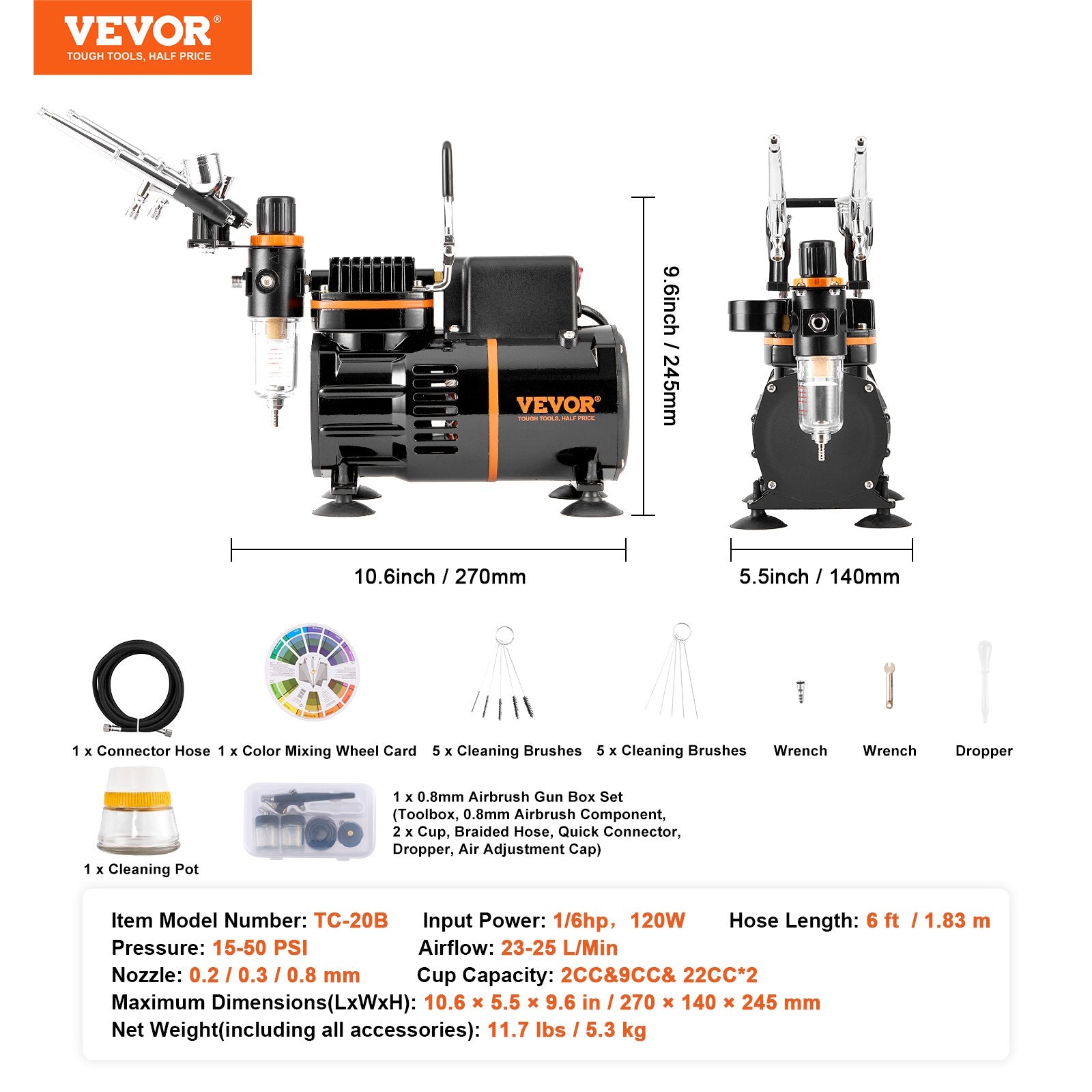 VEVOR Airbrush Kit, Dual Fan Air Compressor Professional Airbrushing System Kit with 3 Airbrushes, Holder, Color Mixing Wheel, Cleaning Brush Set, Air Brush Set for Art Nail Cookie Tattoo Makeup Cake 