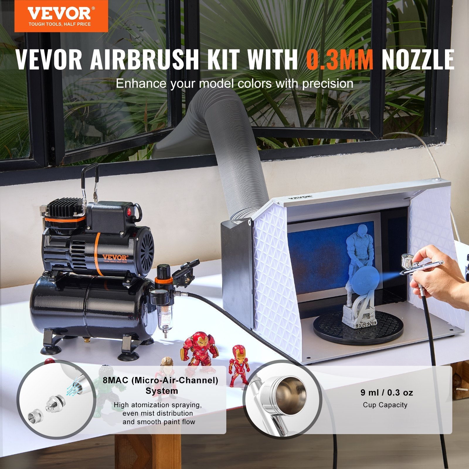 VEVOR Airbrush Kit, Dual Fan Air Tank Compressor System Kit with 3.5L Air Storage Tank, Air Brush Set with 0.3 mm Tip Airbrush, Holder, Color Mixing Wheel, Cleaning Brush Set, Art Nail Cookie Tattoo 