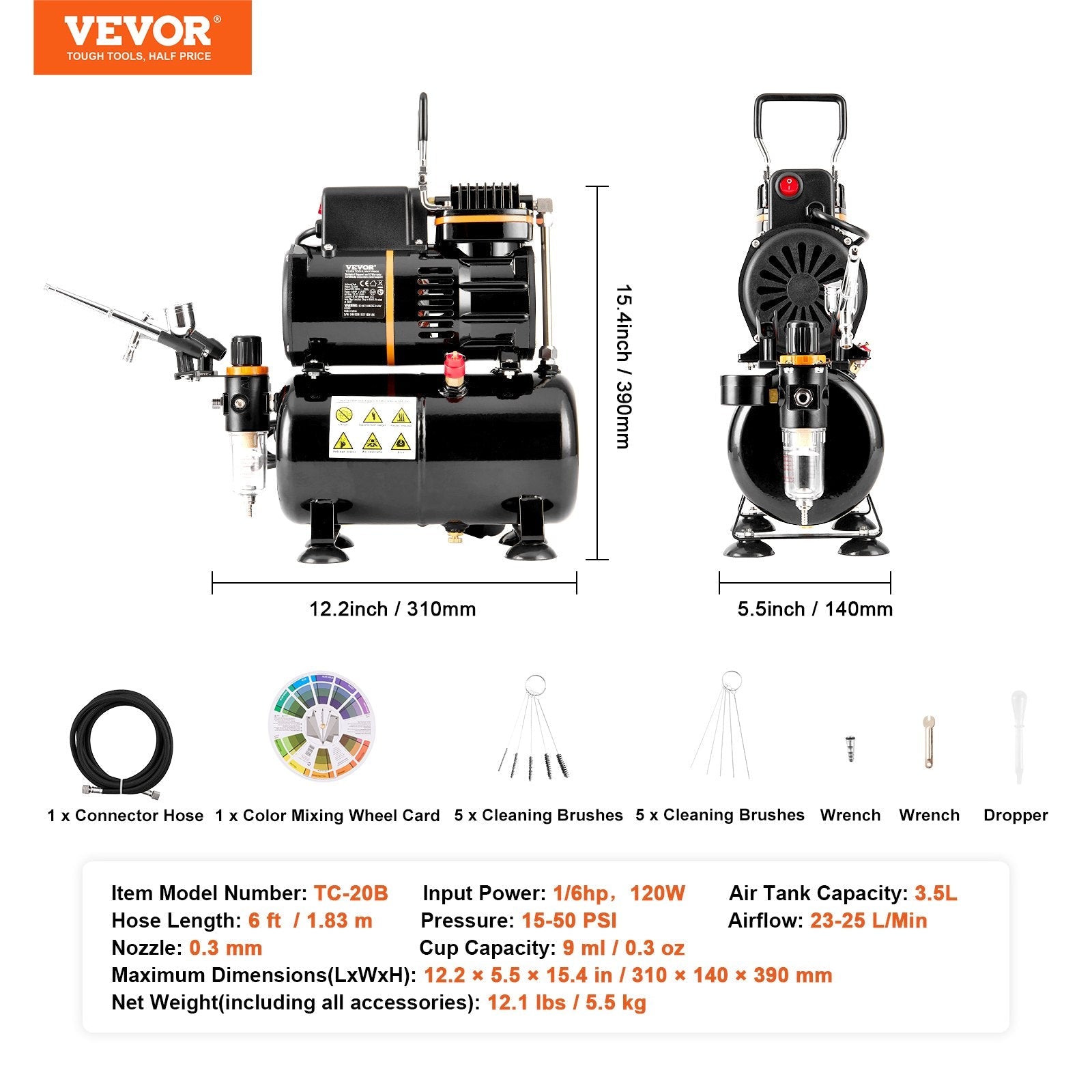 VEVOR Airbrush Kit, Dual Fan Air Tank Compressor System Kit with 3.5L Air Storage Tank, Air Brush Set with 0.3 mm Tip Airbrush, Holder, Color Mixing Wheel, Cleaning Brush Set, Art Nail Cookie Tattoo 