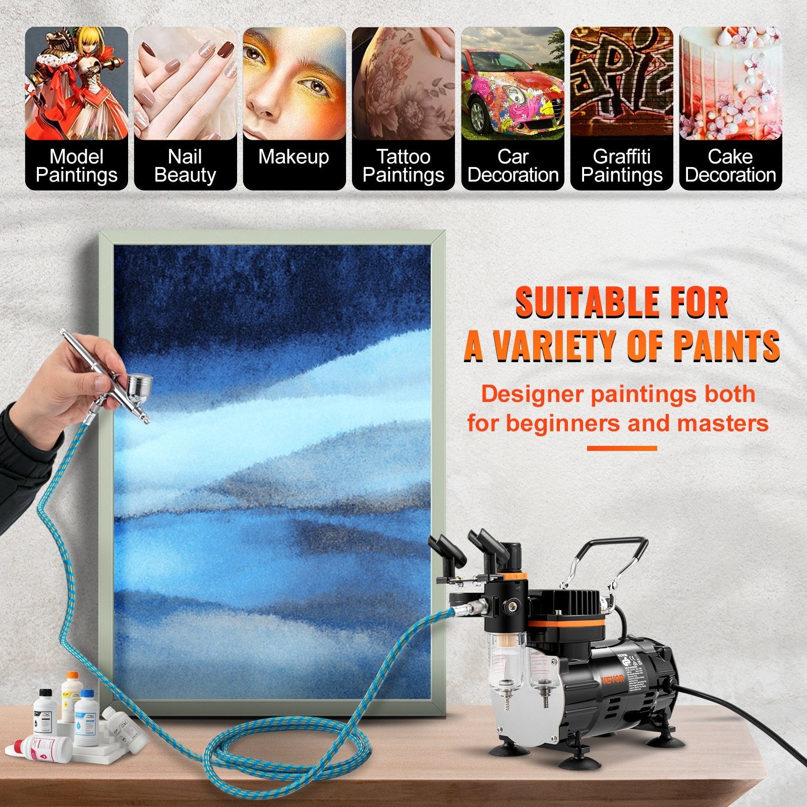 VEVOR Airbrush Kit, Professional Airbrush Set with Compressor, Airbrushing System Kit with Multi-Purpose Dual-Action Gravity Feed Airbrushes, Art Nail Cookie Tatto 