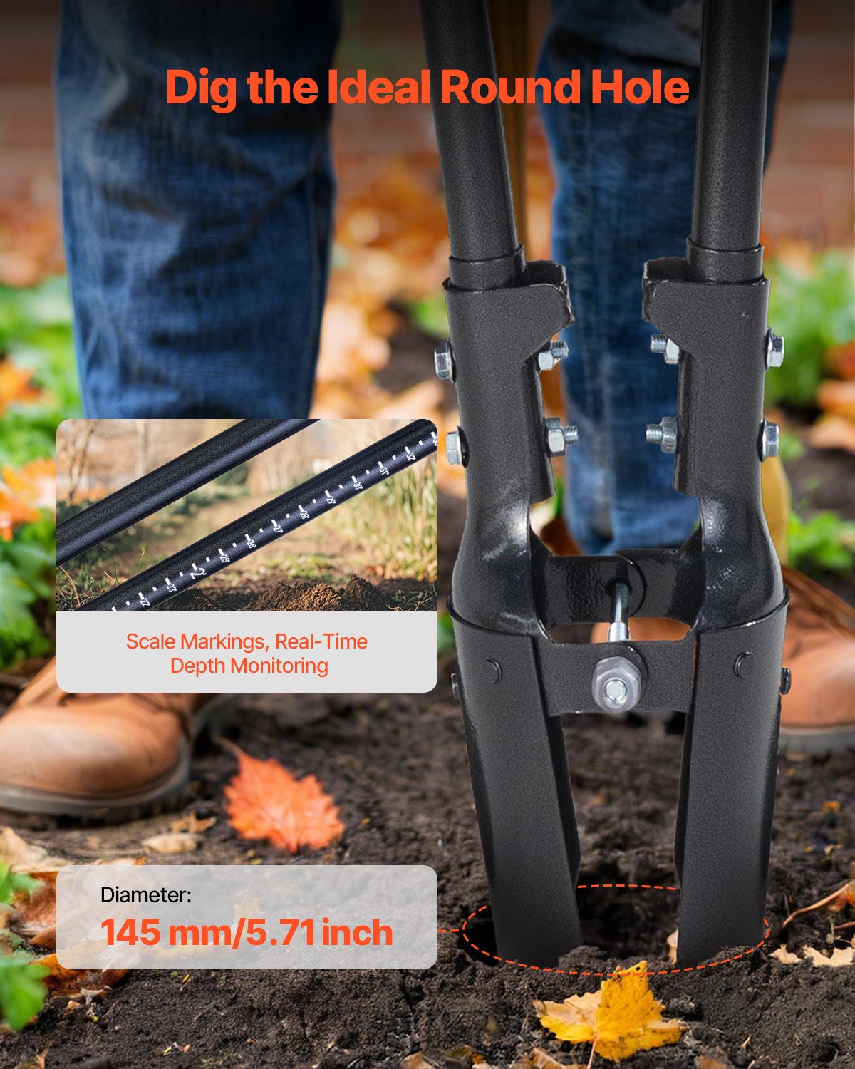 VEVOR Post Hole Digger with Carbon Steel Handle Scale Marks 57.5" Hole Digger 