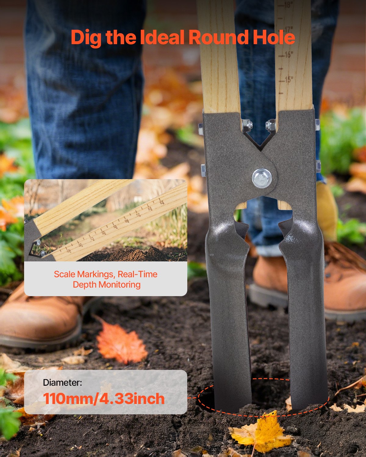 VEVOR Post Hole Digger with Wood Handle and Scale Markings 57.5" Hole Digger 