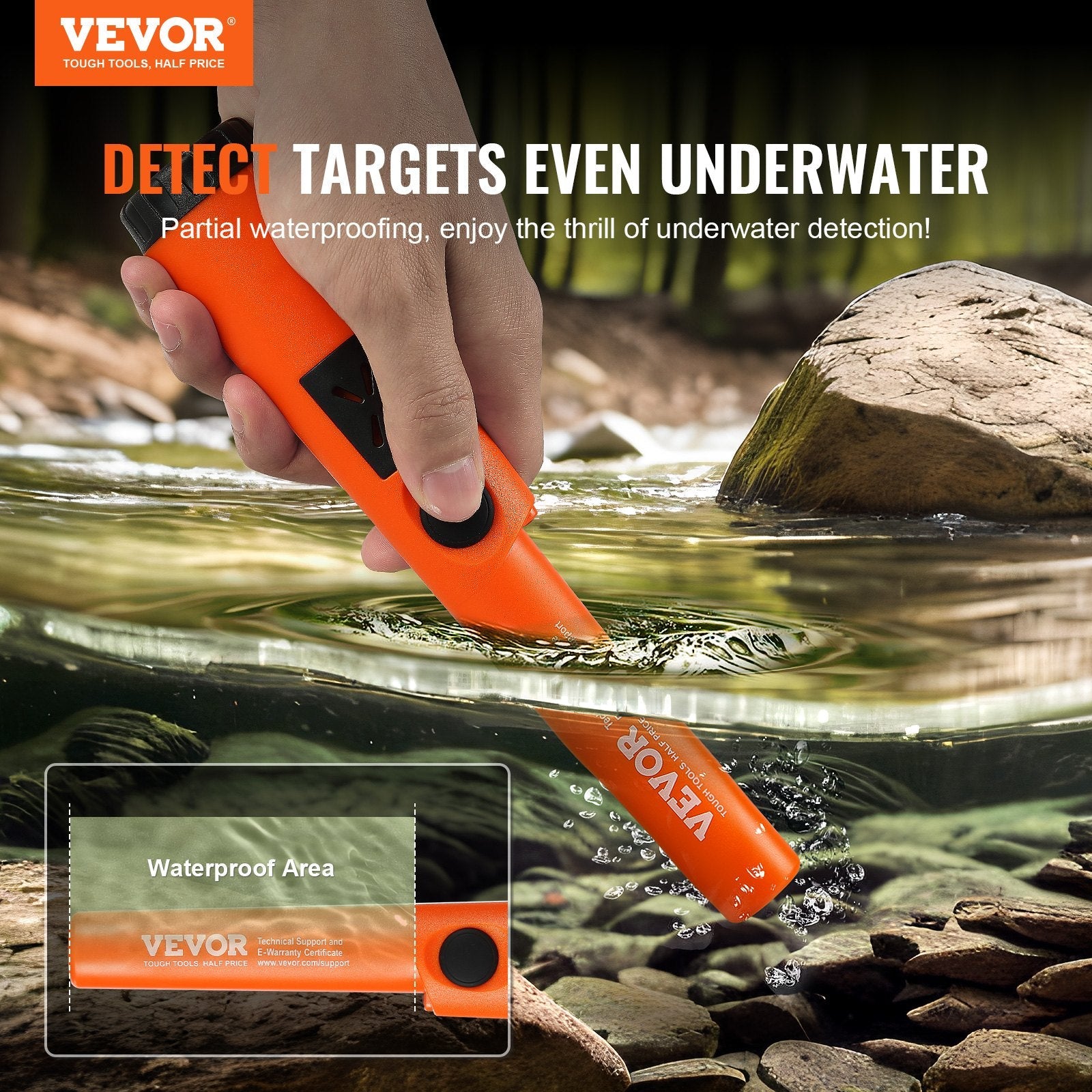 VEVOR Metal Detector Pinpointer, Partial Waterproof Handheld Pin Pointer Wand, 1.96" Detection Depth, 3 Modes, Treasure Hunting Probe with Holster, Waterproof Bag and 9V Battery, for Adults and Kids 