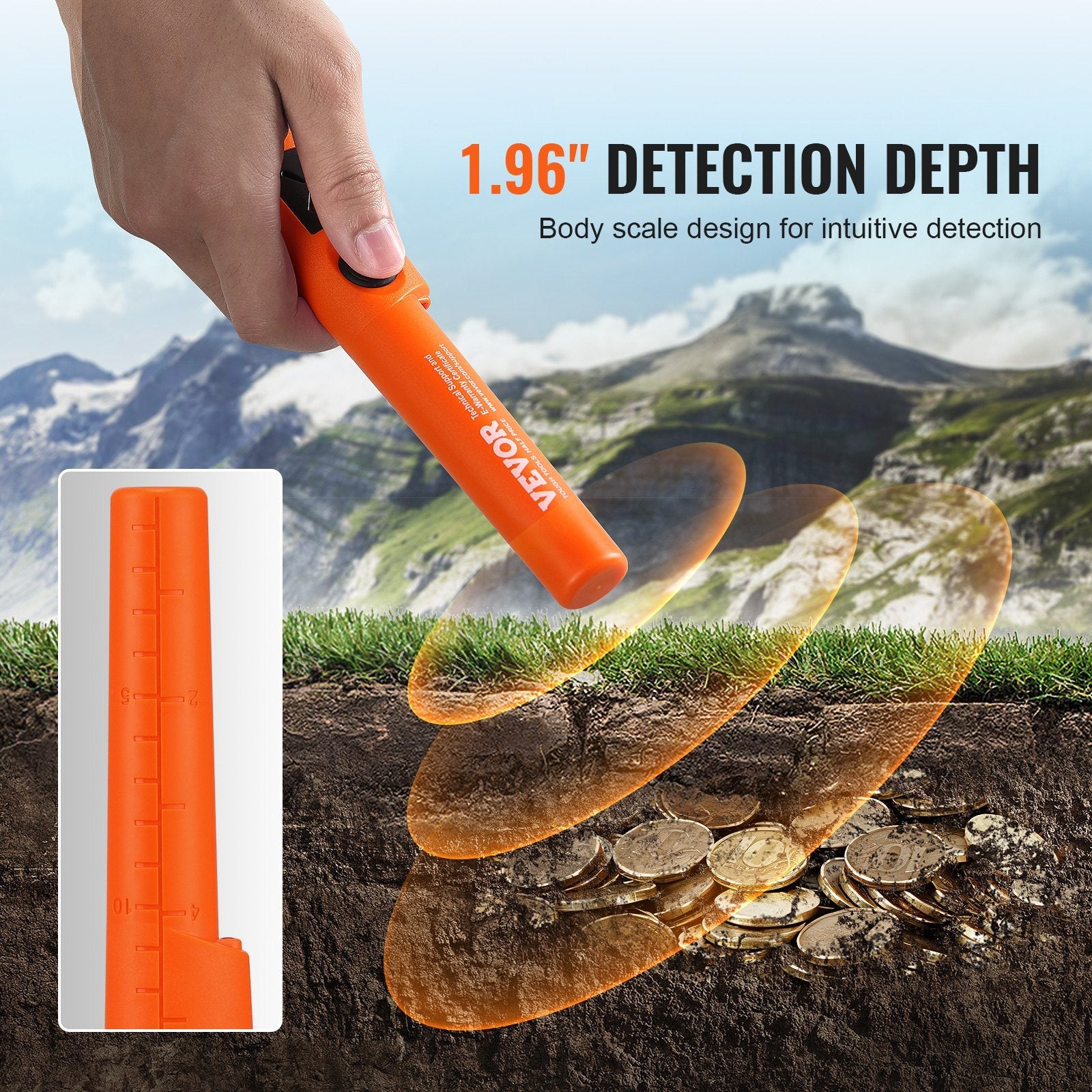VEVOR Metal Detector Pinpointer, Partial Waterproof Handheld Pin Pointer Wand, 1.96" Detection Depth, 3 Modes, Treasure Hunting Probe with Holster, Waterproof Bag and 9V Battery, for Adults and Kids 