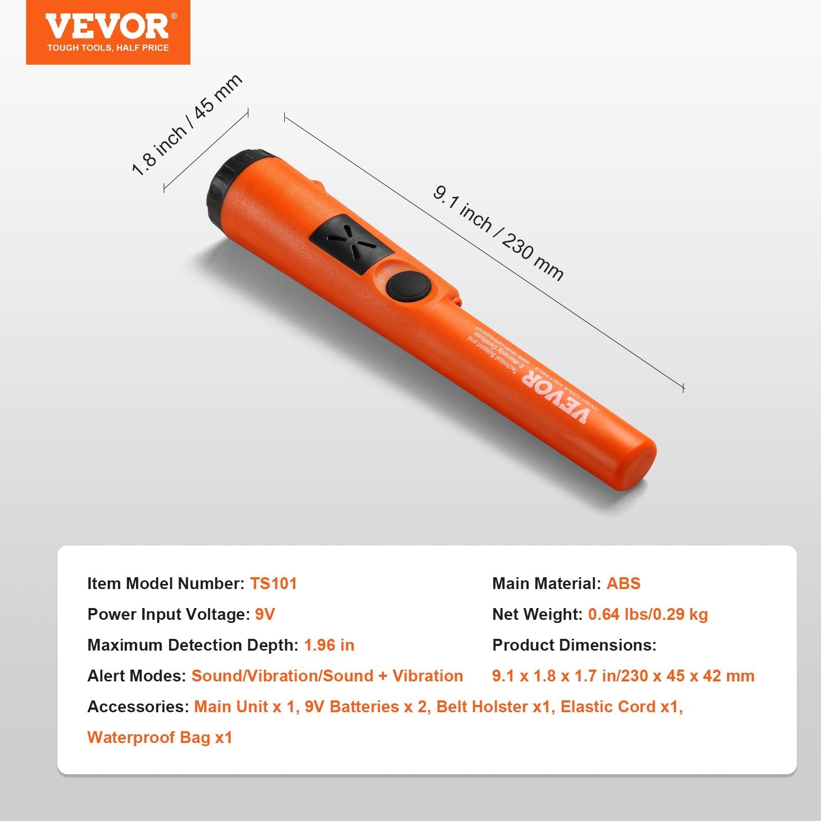 VEVOR Metal Detector Pinpointer, Partial Waterproof Handheld Pin Pointer Wand, 1.96" Detection Depth, 3 Modes, Treasure Hunting Probe with Holster, Waterproof Bag and 9V Battery, for Adults and Kids 