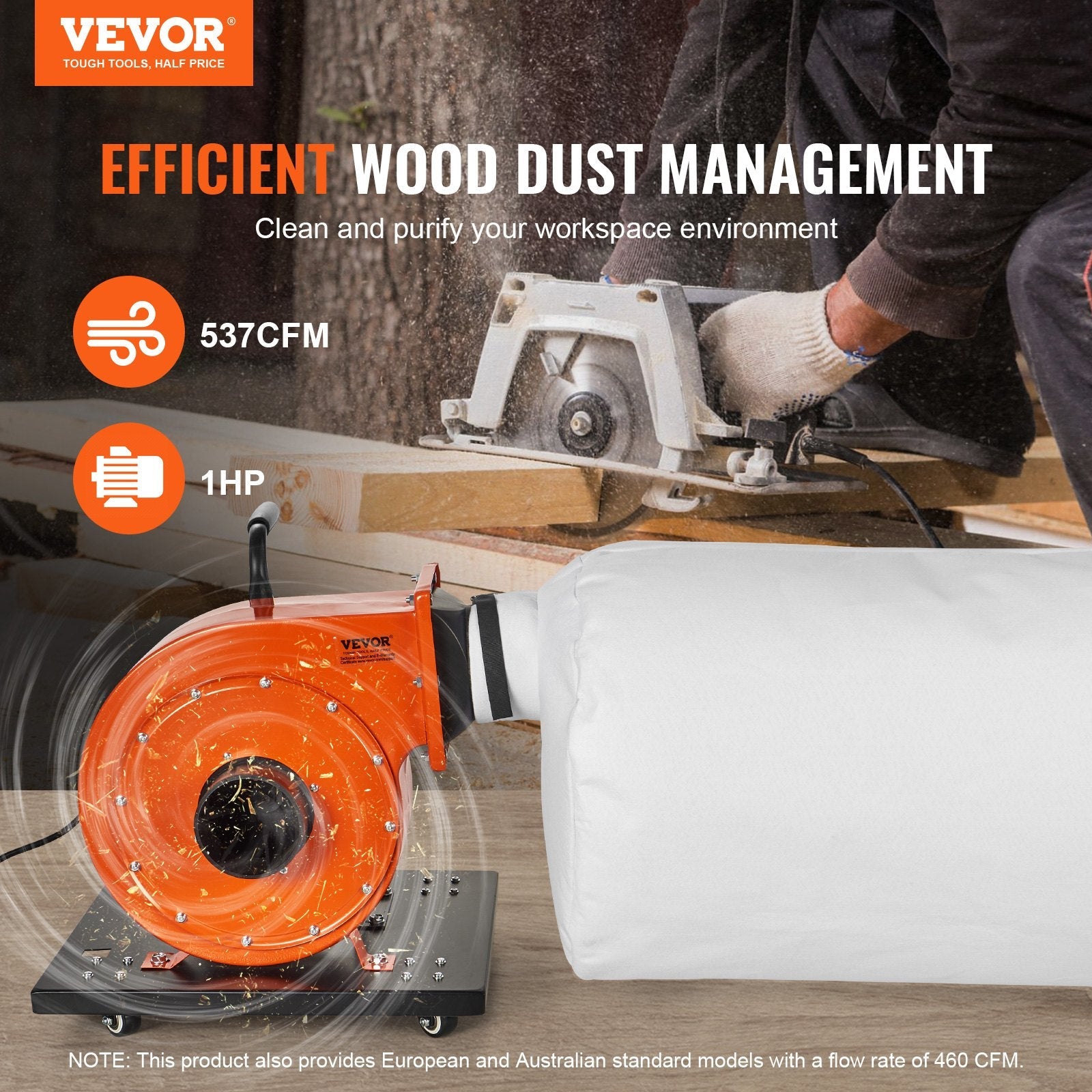 VEVOR Dust Collector, 1HP 537 CFM Air Flow, Rolling Dust Collector with 21-Gallon Dust Collection Bag, 2.5 Micron Bag Filtration, Industrial Workshop Mobile Wood Dust Container with Handle and Wheels 