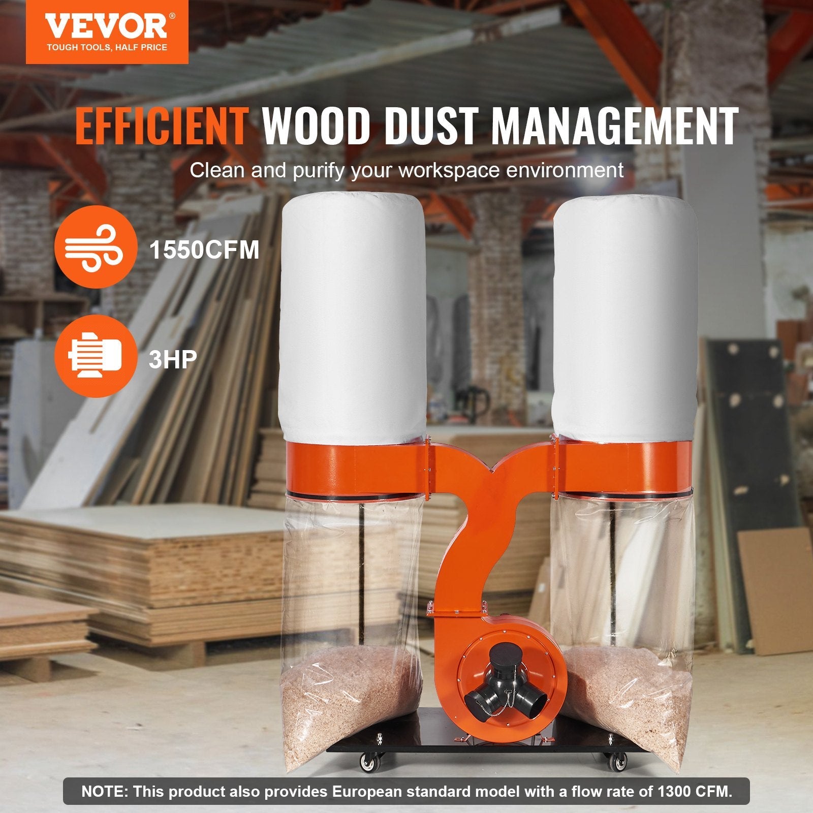 VEVOR Dual Collector Wood Workshop Dust Container 3 HP 1550 CFM Filter Cleaner 