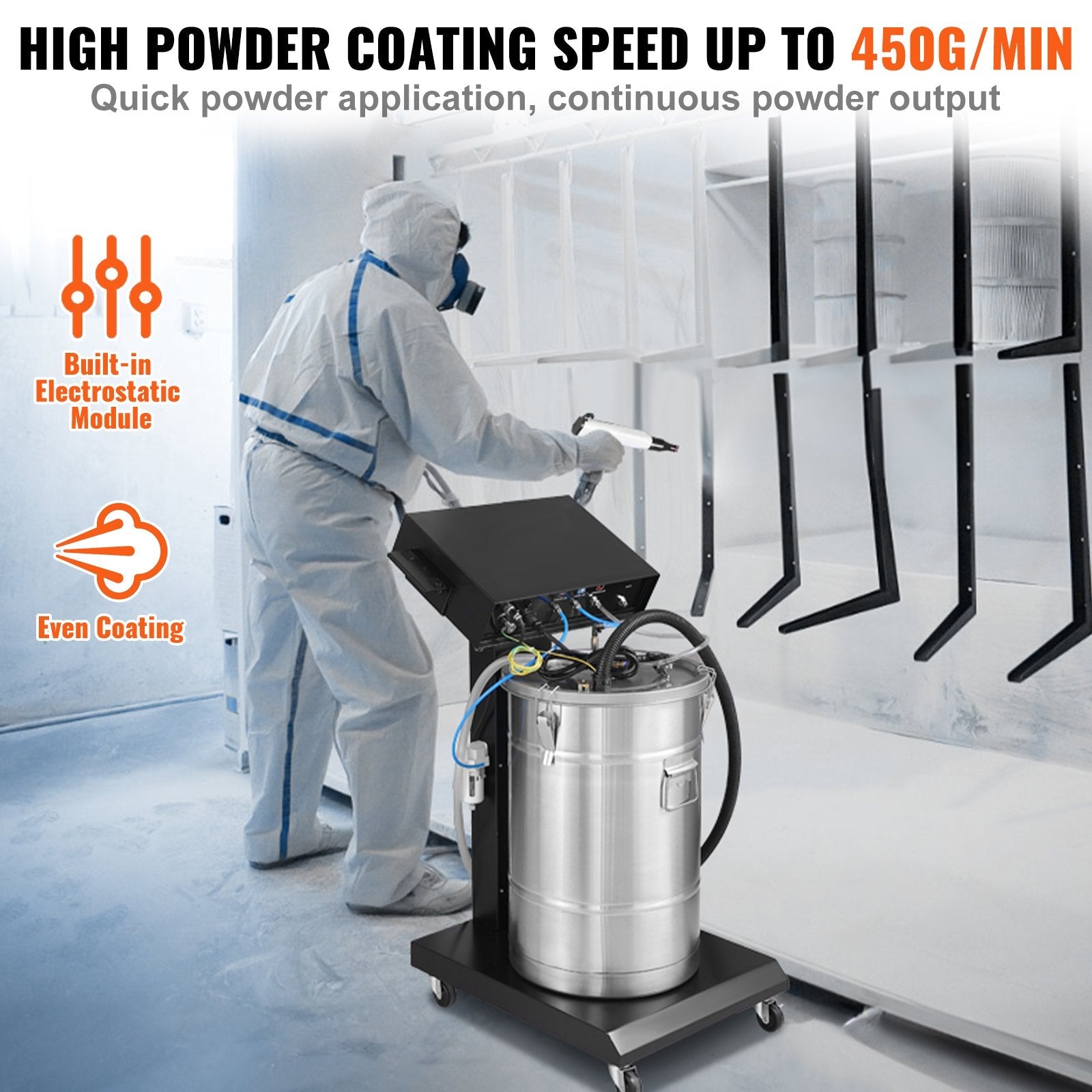 VEVOR Powder Coating System, 40 W 100KV Electrostatic Output Powder Coating Kit with 50L Powder Hopper, 450g Per Minute Powder Coating Machine with Spray Gun and Trolley Base, for Indoor and Outdoor 