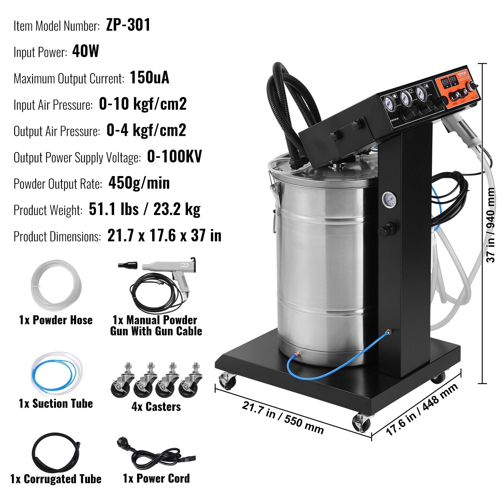 VEVOR Powder Coating System, 40 W 100KV Electrostatic Output Powder Coating Kit with 50L Powder Hopper, 450g Per Minute Powder Coating Machine with Spray Gun and Trolley Base, for Indoor and Outdoor 