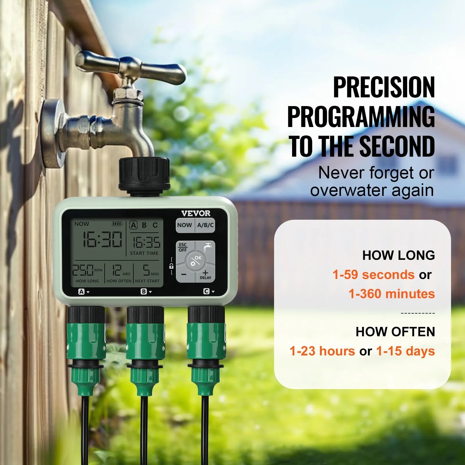 VEVOR Water Timer 3 Outlets Hose Watering Sprinkler Timer LCD Rain Delay Mode