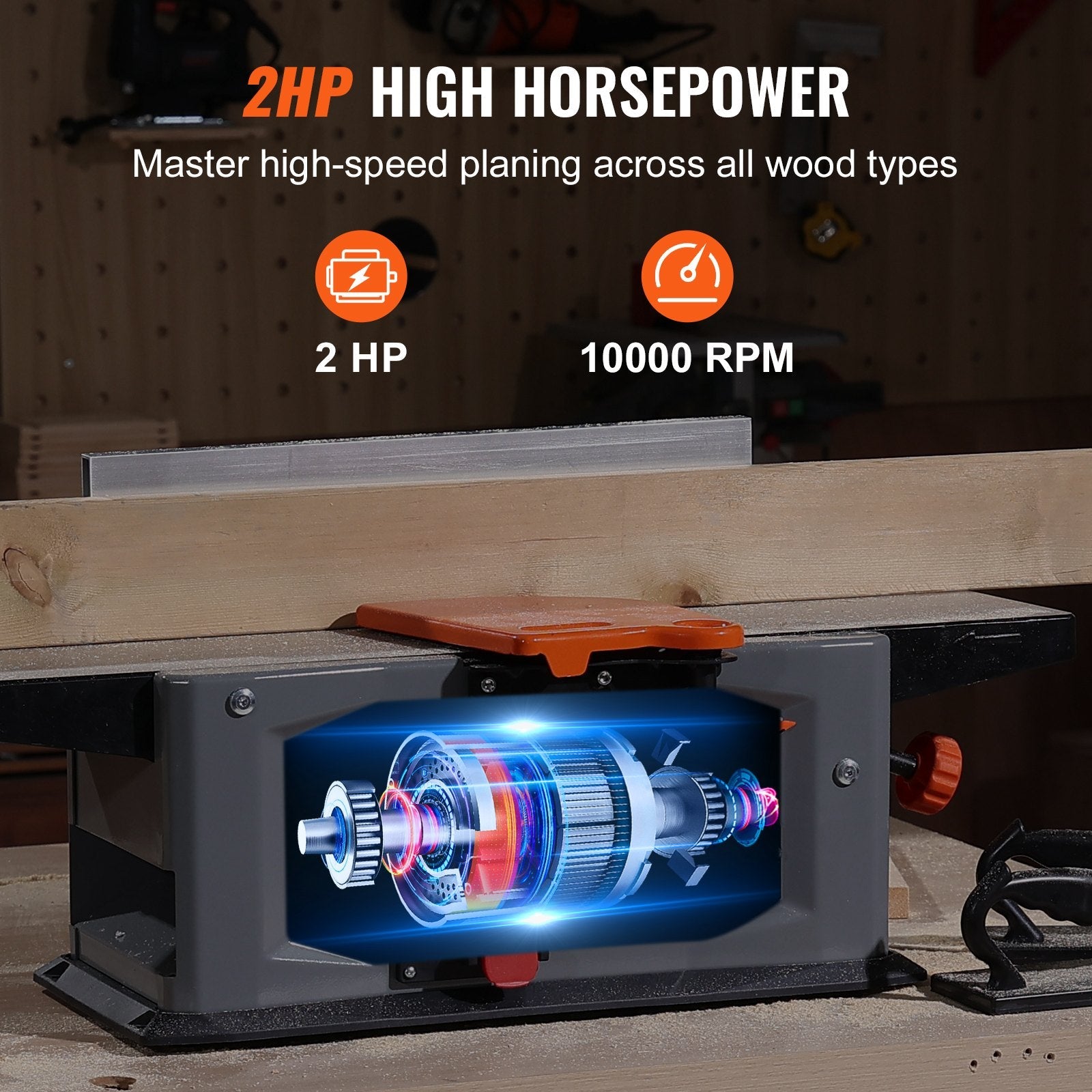 VEVOR Spiral Benchtop Jointer, 8-Inch, 2HP 10000 RPM Bench Top Wood Jointer, 18-Blade Spiral Cutterhead with Extendable Arm up to 6.5'' and 8x42.3'' Worktable 0-1/8'' Adjustable Depth, for Woodworking 