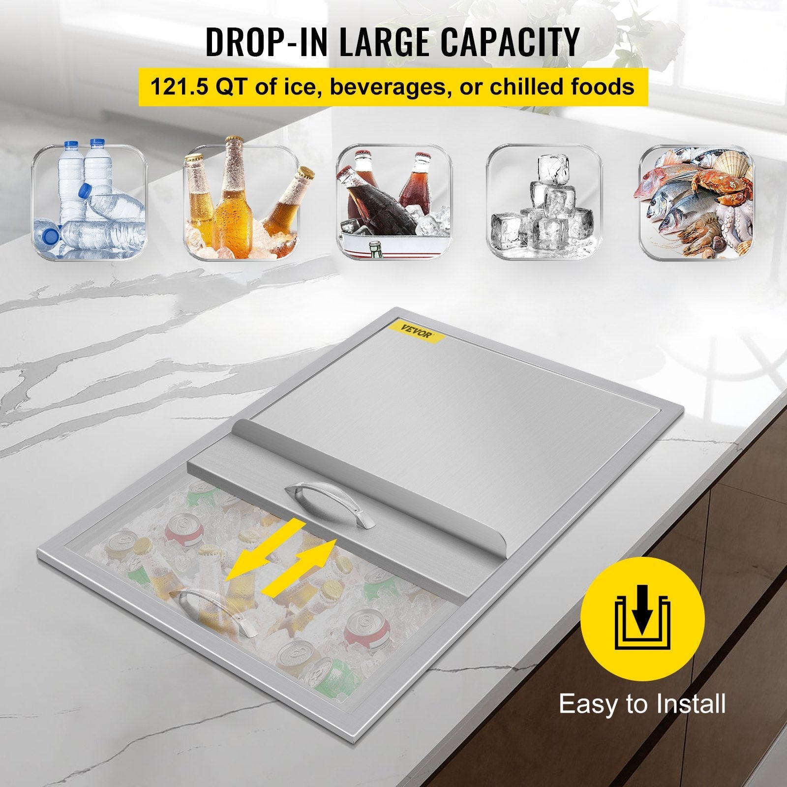 27”x18” Outdoor Kitchen Drop-in Ice Chest Bin Cooler 304 Beer Ice Buckets Box 
