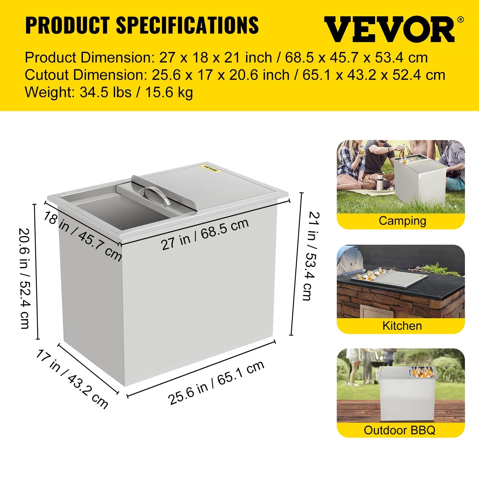 27”x18” Outdoor Kitchen Drop-in Ice Chest Bin Cooler 304 Beer Ice Buckets Box 