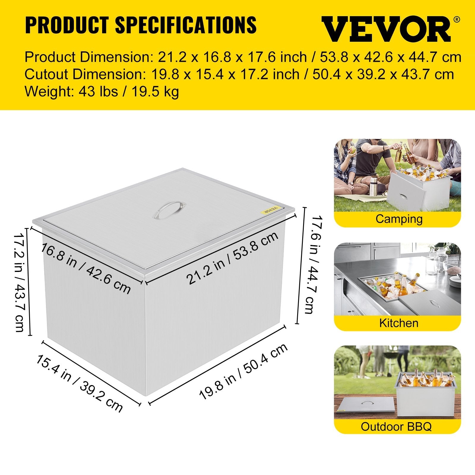 21"x16.8" Bbq Island Stainless Steel Drop In Ice Chest/cooler W/drain Close 