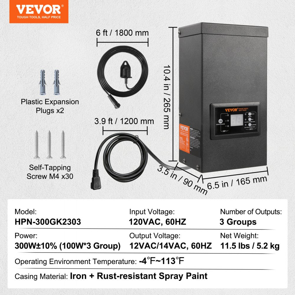 VEVOR 300W Low Voltage Landscape Transformer with Timer and Photocell Sensor, Waterproof Landscape Lighting Transformer, 120V AC to 12V/14V AC for Outdoor, Spotlight, Pathway Light, Pool light, ETL 