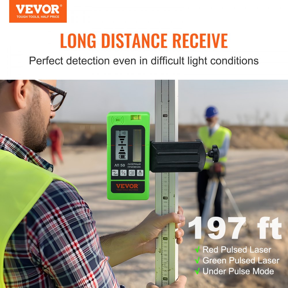 VEVOR Laser Receiver for Laser Level, 197 ft Working Range, Green Laser and Red Beam Detector for Pulsing Line Lasers, Adjustable Speaker & Dual LCD Display & Built-In Bubble Level, Clamp Included 