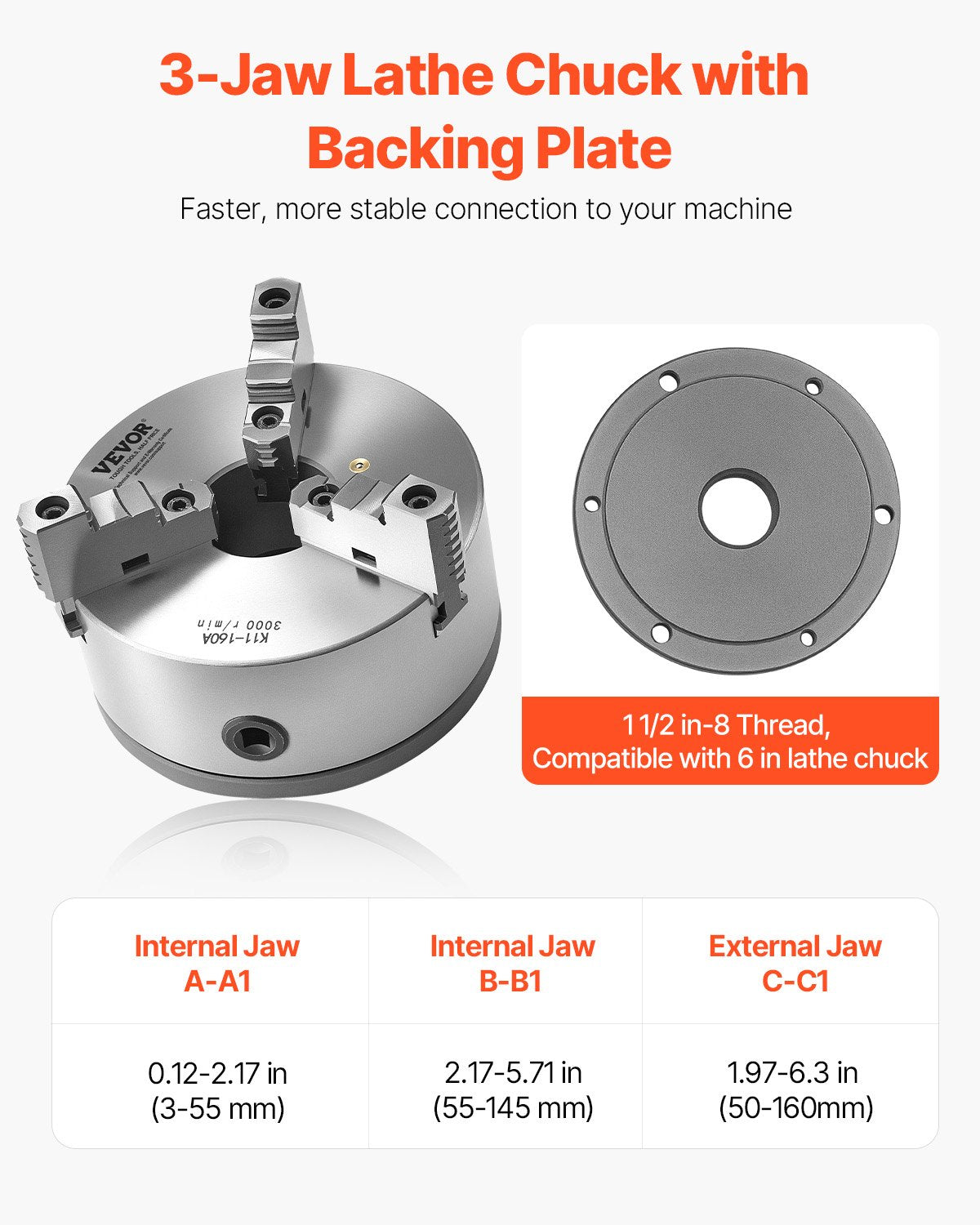 VEVOR 6 in 3-Jaw Self-Centering Lathe Chuck 1 1/2 in-8 Threaded Backing Plate 