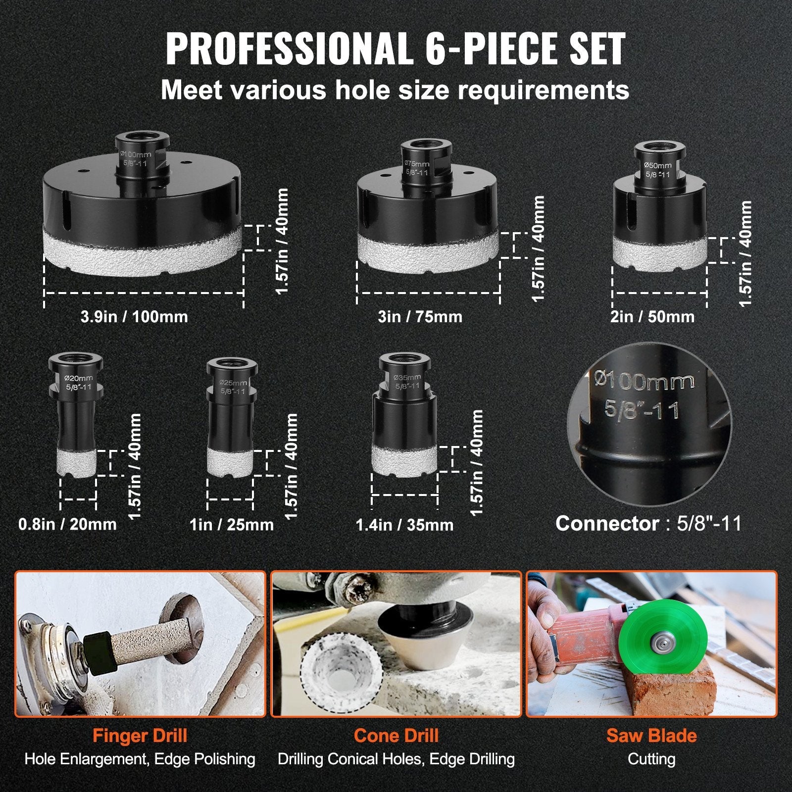 VEVOR Diamond Core Drill Bit Set, 6 PCS 20/25/35/50/75/100mm Diamond Hole Saw Kit, with Finger Milling Bit Cone Bit Saw Blade and Storage Case for Dry and Wet, Diamond Drill Bits for Tile Ceramic 