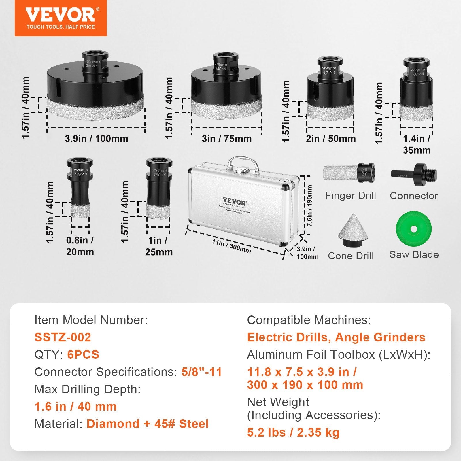 VEVOR Diamond Core Drill Bit Set, 6 PCS 20/25/35/50/75/100mm Diamond Hole Saw Kit, with Finger Milling Bit Cone Bit Saw Blade and Storage Case for Dry and Wet, Diamond Drill Bits for Tile Ceramic 