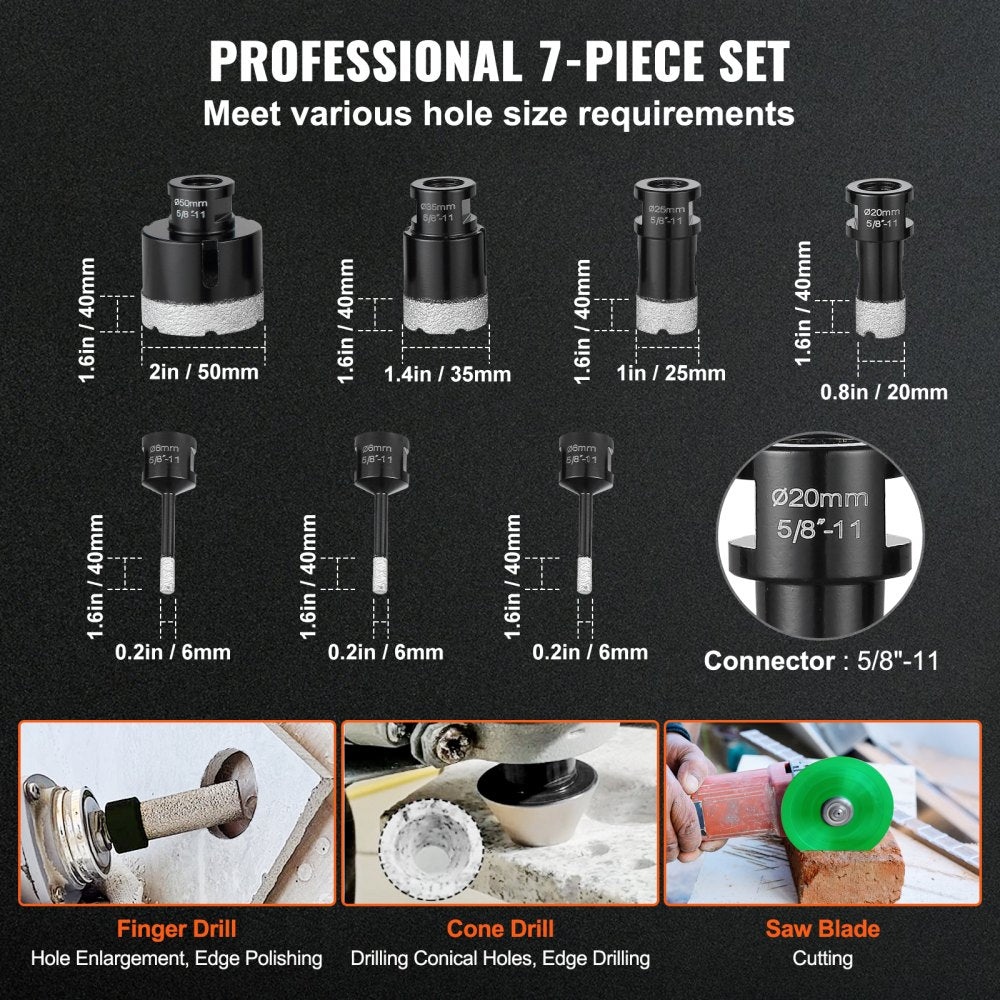 VEVOR Diamond Core Drill Bit Set, 7 PCS 6/6/6/20/25/35/50mm Diamond Hole Saw Kit, with Finger Milling Bit Cone Bit Saw Blade and  Storage Case for Dry and Wet, Diamond Drill Bits for Tile Ceramic 
