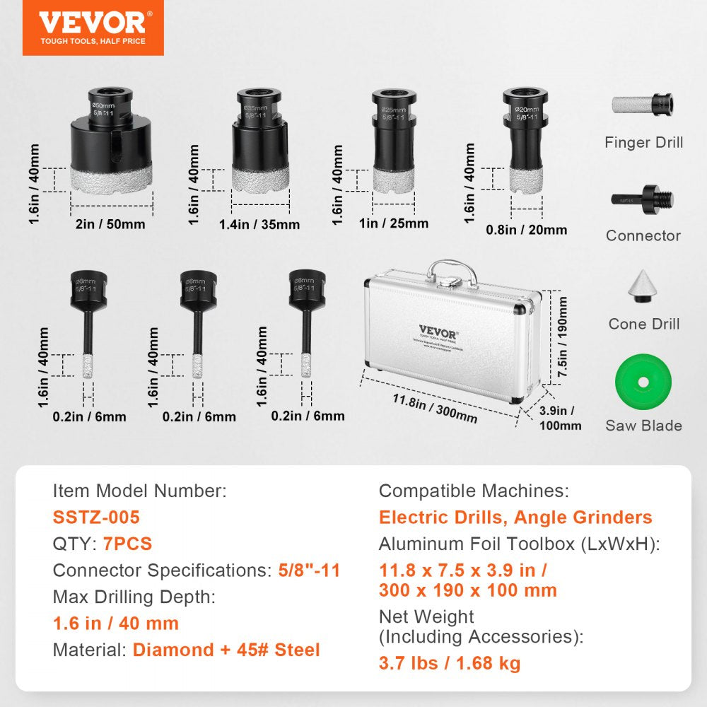 VEVOR Diamond Core Drill Bit Set, 7 PCS 6/6/6/20/25/35/50mm Diamond Hole Saw Kit, with Finger Milling Bit Cone Bit Saw Blade and  Storage Case for Dry and Wet, Diamond Drill Bits for Tile Ceramic 