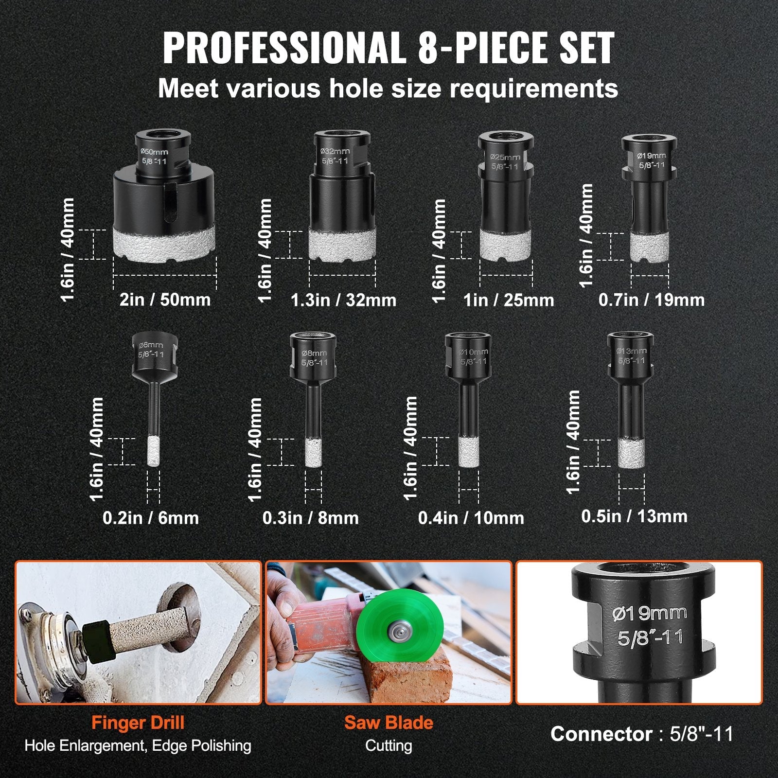 VEVOR Diamond Core Drill Bit Set, 8 PCS 6/8/10/13/19/25/32/50mm Diamond Hole Saw Kit, with Finger Milling Bit Saw Blade and Storage Case for Dry and Wet, Diamond Drill Bits for Tile Ceramic 
