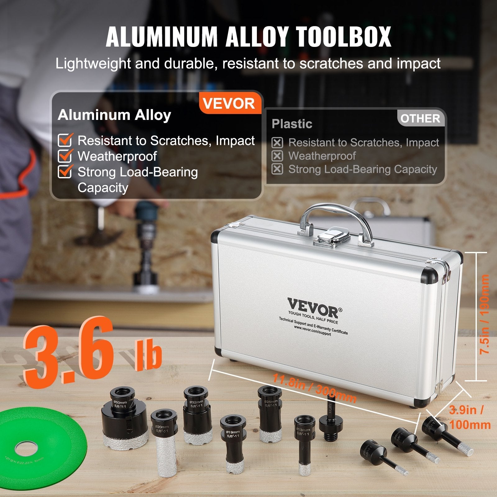 VEVOR Diamond Core Drill Bit Set, 8 PCS 6/8/10/13/19/25/32/50mm Diamond Hole Saw Kit, with Finger Milling Bit Saw Blade and Storage Case for Dry and Wet, Diamond Drill Bits for Tile Ceramic 