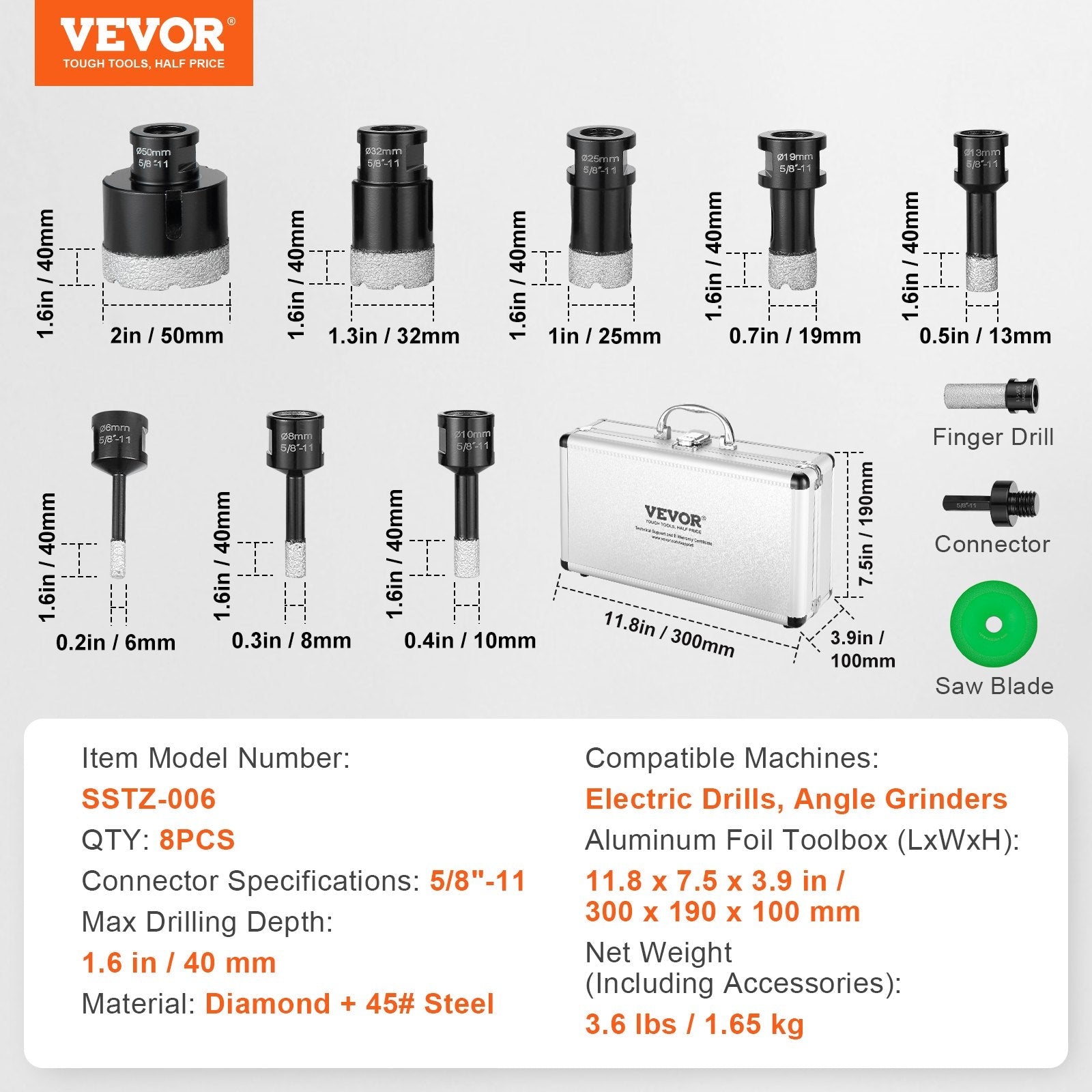 VEVOR Diamond Core Drill Bit Set, 8 PCS 6/8/10/13/19/25/32/50mm Diamond Hole Saw Kit, with Finger Milling Bit Saw Blade and Storage Case for Dry and Wet, Diamond Drill Bits for Tile Ceramic 
