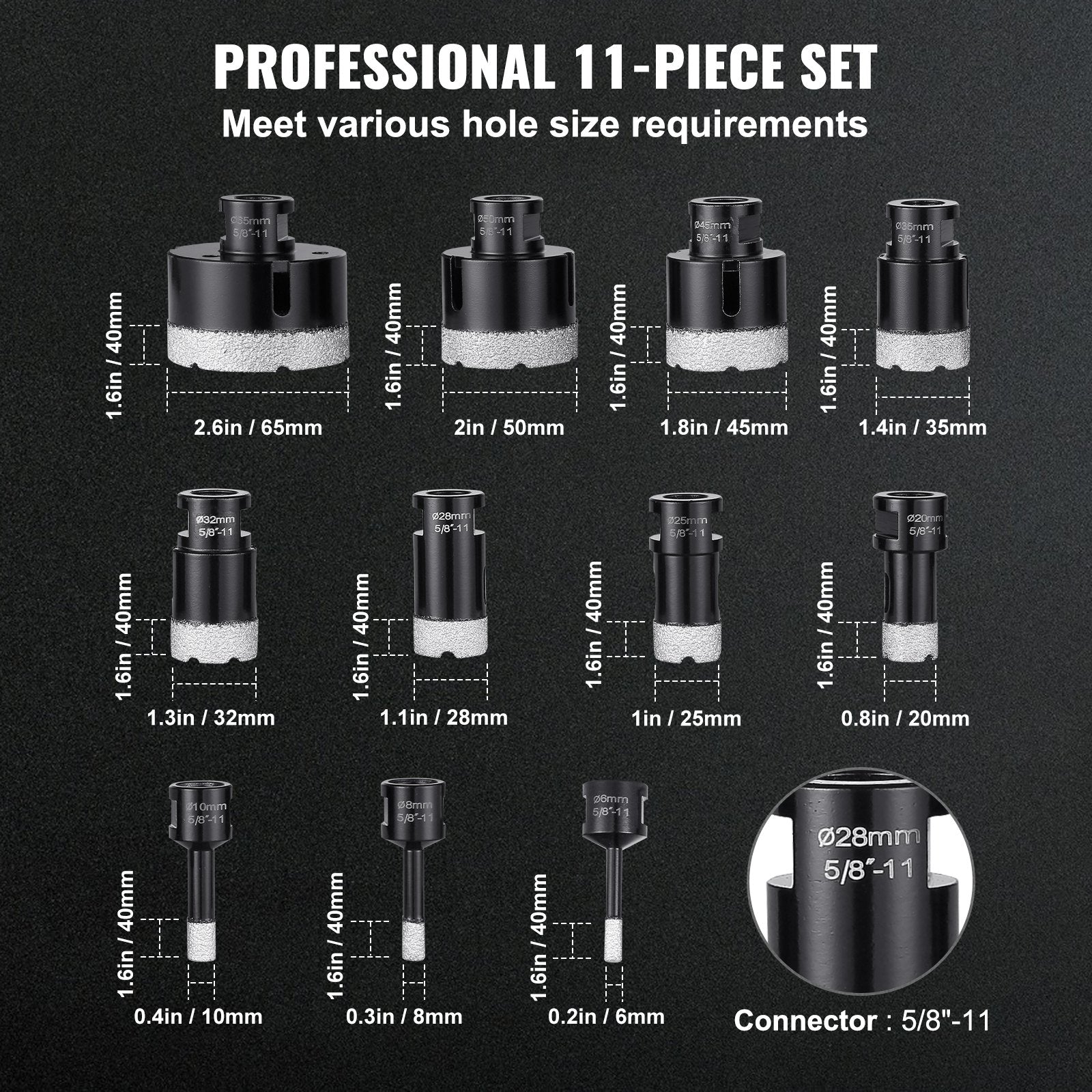 VEVOR Diamond Core Drill Bit Set, 11 PCS 6/8/10/20/25/28/32/35/45/50/65mm Diamond Hole Saw Kit, with 5/8"-11 Connector and Storage Case for Dry and Wet, Diamond Drill Bits for Tile Ceramic 