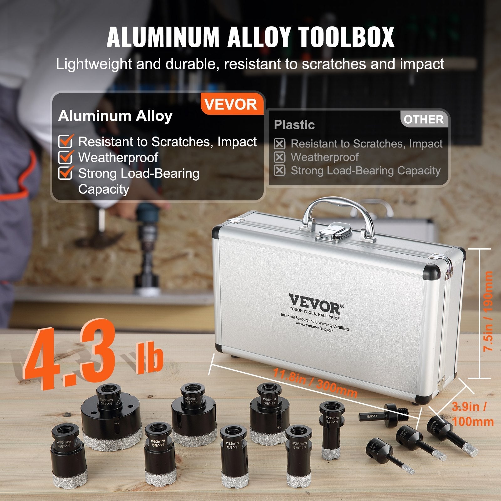 VEVOR Diamond Core Drill Bit Set, 11 PCS 6/8/10/20/25/28/32/35/45/50/65mm Diamond Hole Saw Kit, with 5/8"-11 Connector and Storage Case for Dry and Wet, Diamond Drill Bits for Tile Ceramic 