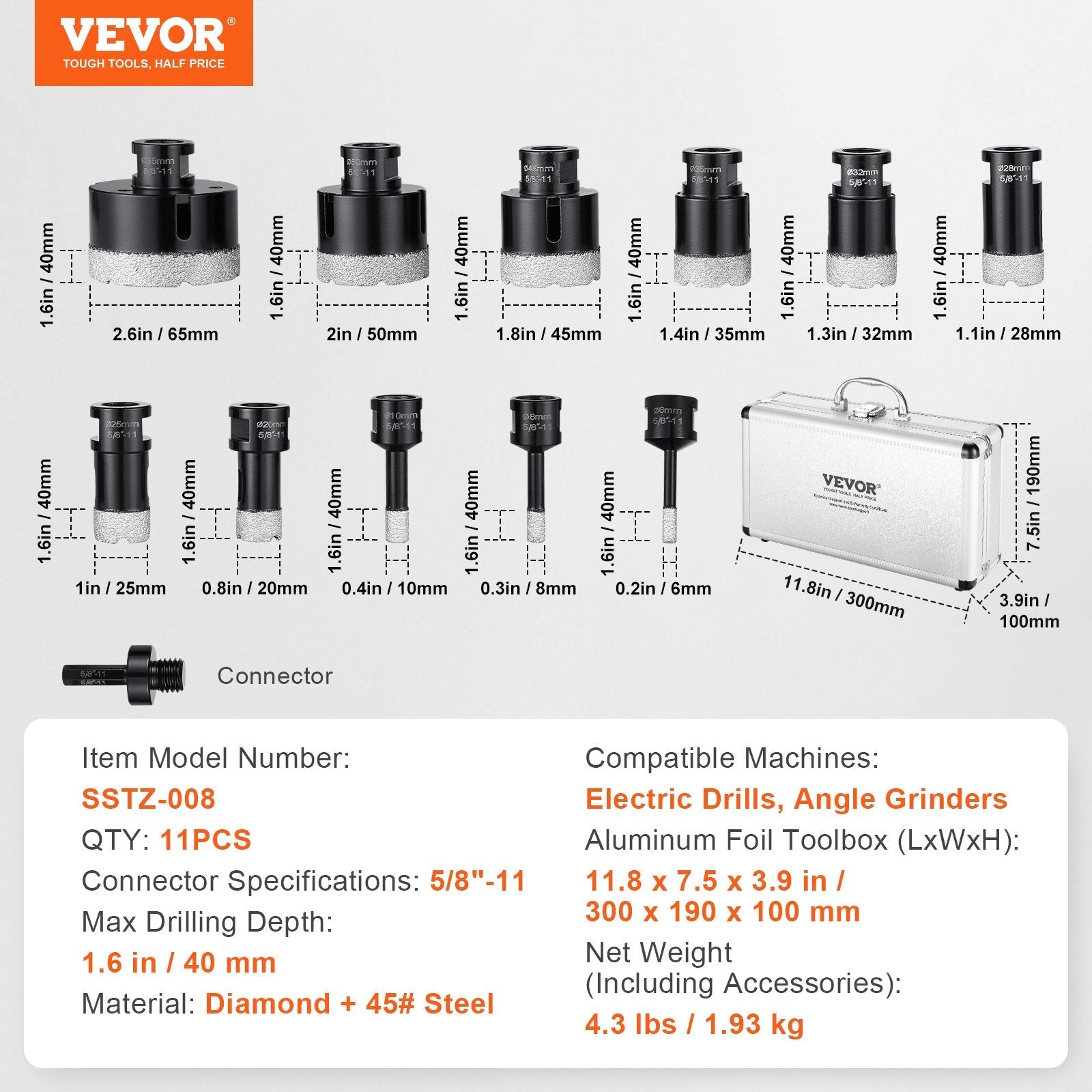 VEVOR Diamond Core Drill Bit Set, 11 PCS 6/8/10/20/25/28/32/35/45/50/65mm Diamond Hole Saw Kit, with 5/8"-11 Connector and Storage Case for Dry and Wet, Diamond Drill Bits for Tile Ceramic 