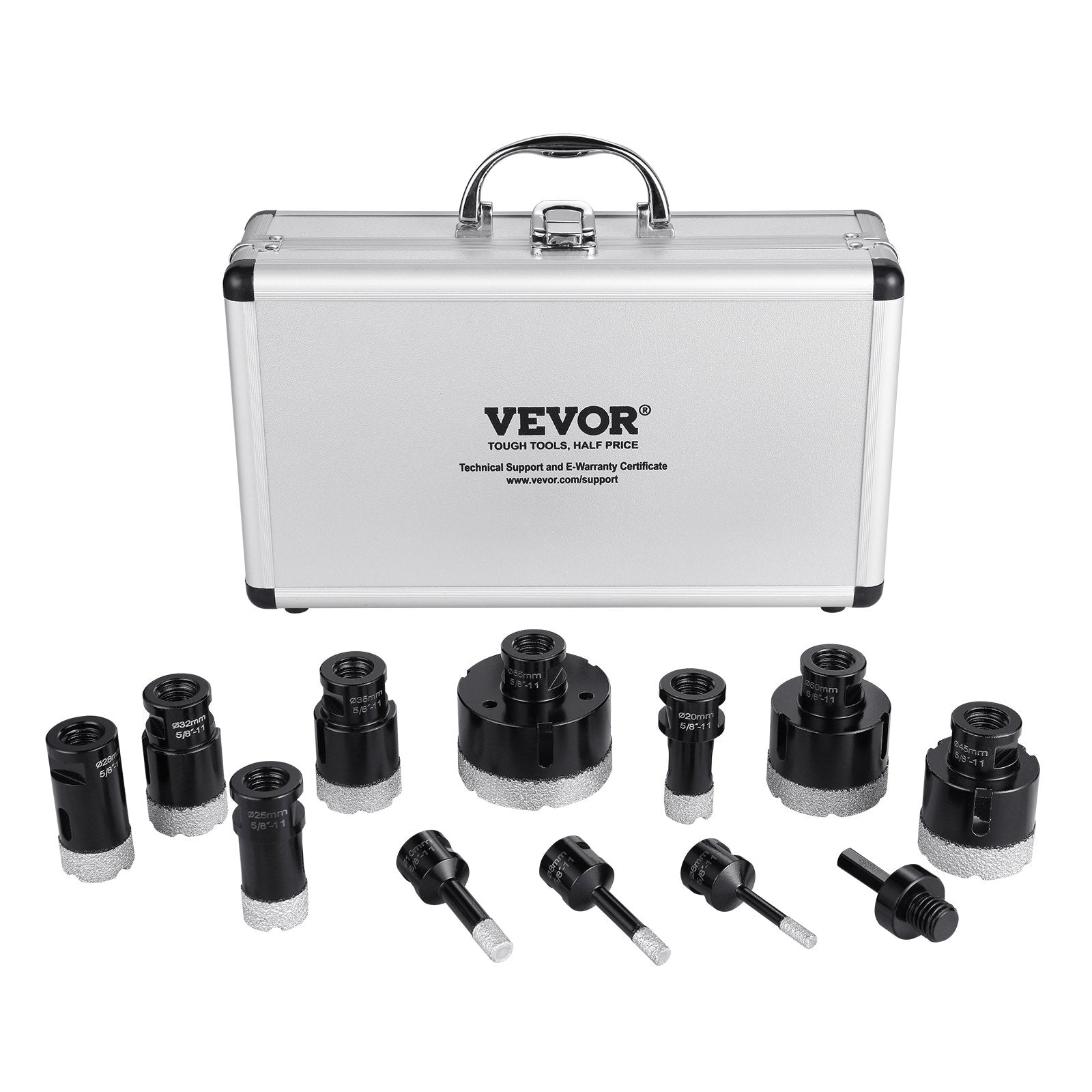 VEVOR Diamond Core Drill Bit Set, 11 PCS 6/8/10/20/25/28/32/35/45/50/65mm Diamond Hole Saw Kit, with 5/8"-11 Connector and Storage Case for Dry and Wet, Diamond Drill Bits for Tile Ceramic 