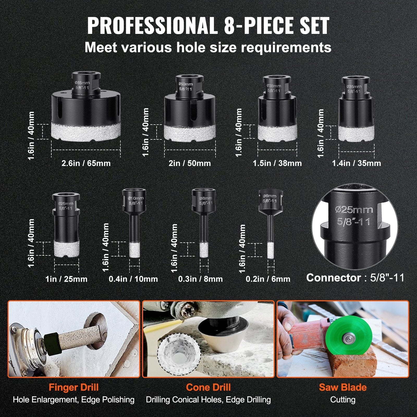 VEVOR Diamond Core Drill Bit Set, 8 PCS 6/8/10/25/35/38/50/65mm Diamond Hole Saw Kit, with Finger Milling Bit Cone Bit Saw Blade and Storage Case for Dry and Wet, Diamond Drill Bits for Tile Ceramic 