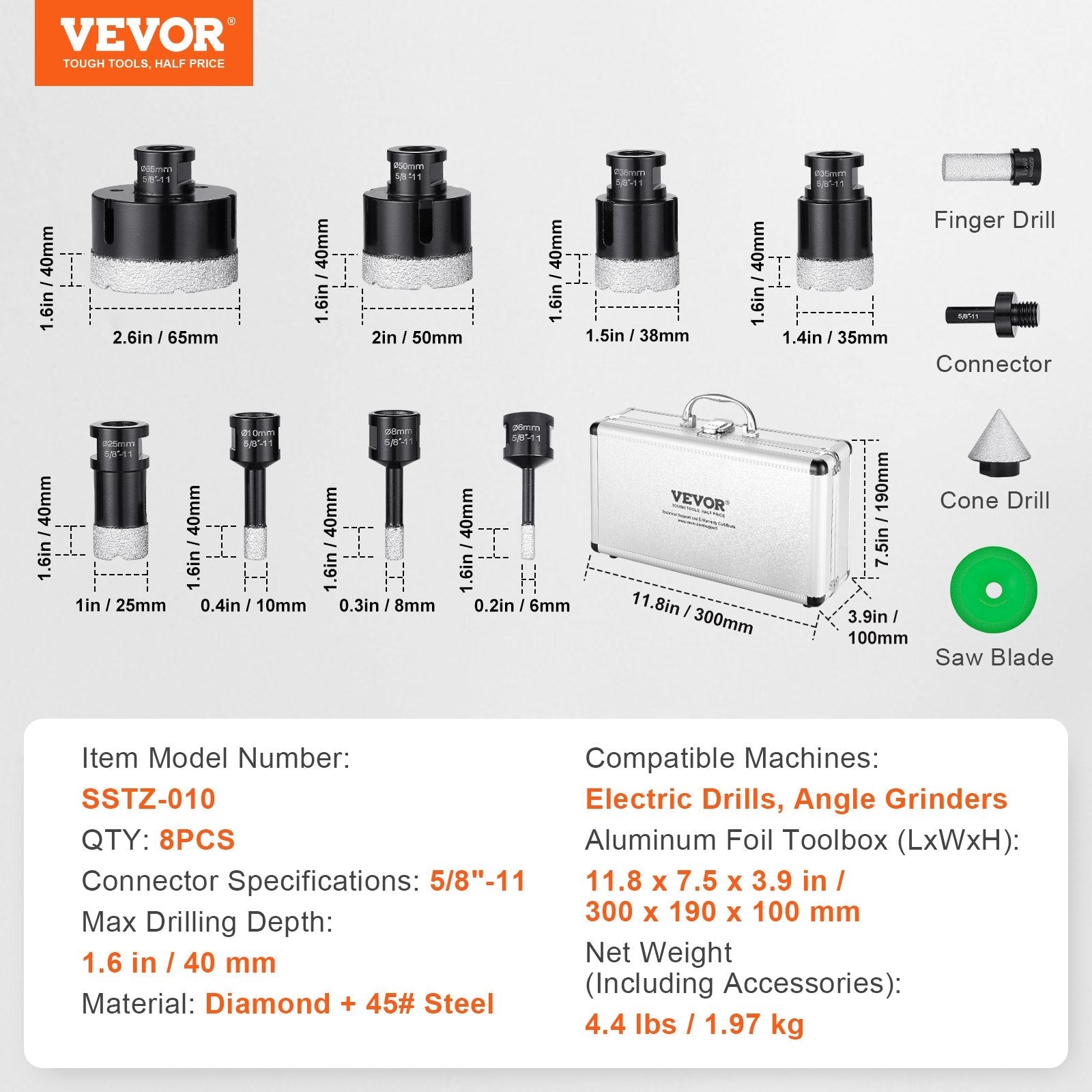 VEVOR Diamond Core Drill Bit Set, 8 PCS 6/8/10/25/35/38/50/65mm Diamond Hole Saw Kit, with Finger Milling Bit Cone Bit Saw Blade and Storage Case for Dry and Wet, Diamond Drill Bits for Tile Ceramic 