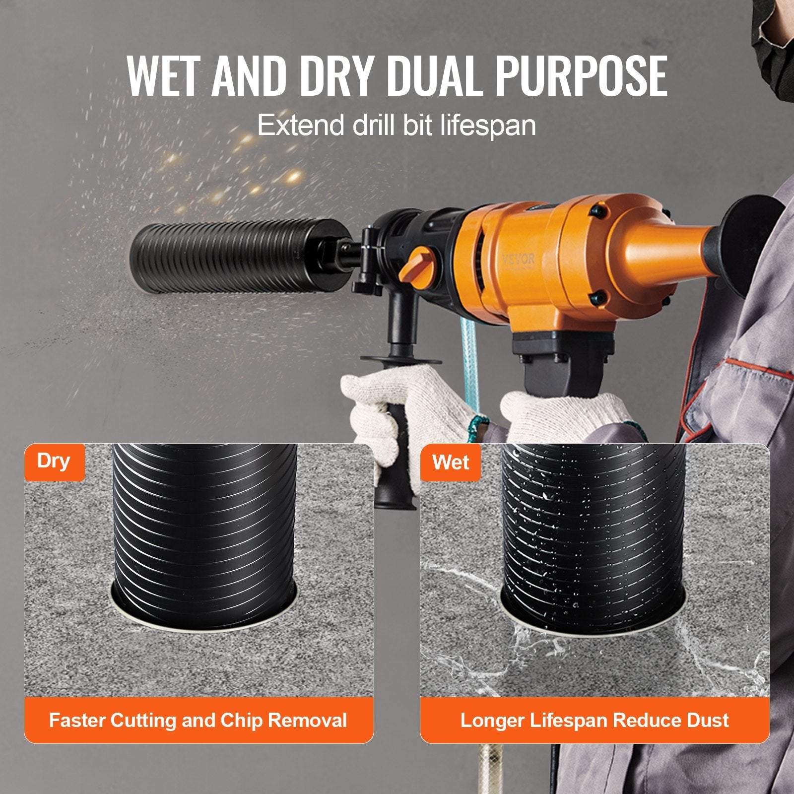 VEVOR Core Drill Bit, 2.5" Wet/Dry Diamond Core Drill Bits for Brick and Block, Concrete Core Drill Bit with Pilot Bit Adapter and Saw Blade, 9.5" Drilling Depth, 5/8"-11 Inner Thread, Laser Welding 