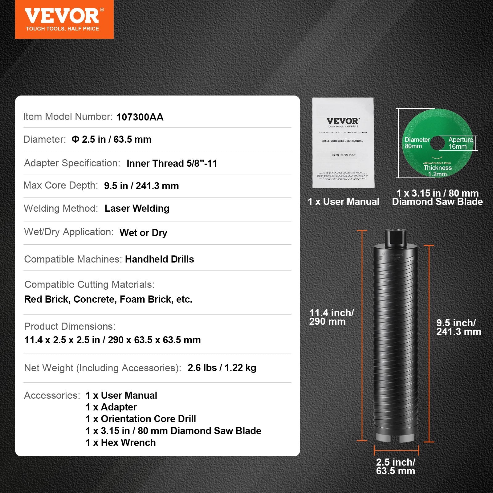 VEVOR Core Drill Bit, 2.5" Wet/Dry Diamond Core Drill Bits for Brick and Block, Concrete Core Drill Bit with Pilot Bit Adapter and Saw Blade, 9.5" Drilling Depth, 5/8"-11 Inner Thread, Laser Welding 