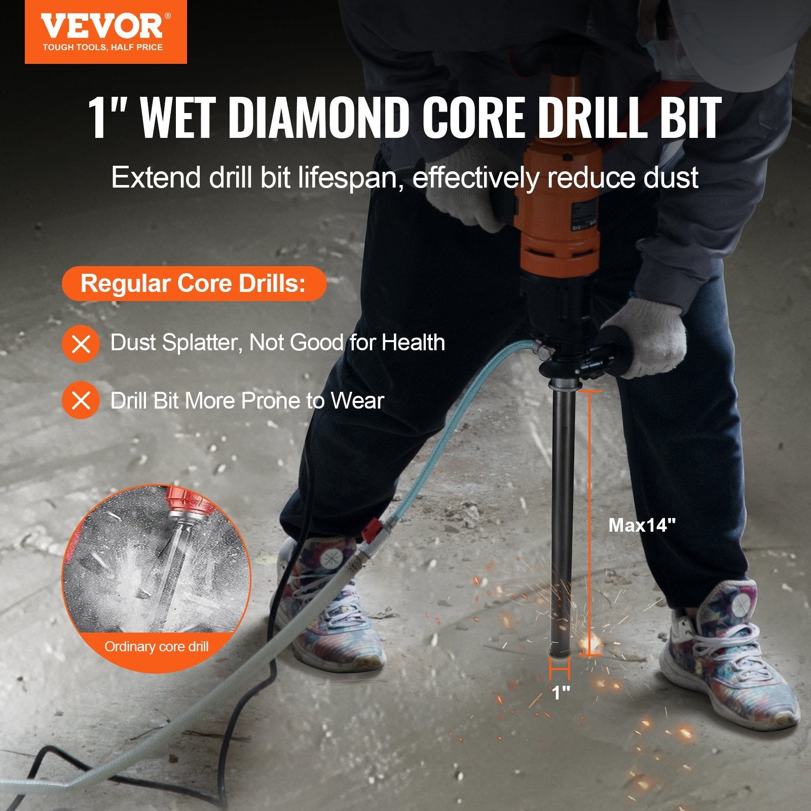 VEVOR Core Drill Bit, 1" Wet Diamond Core Drill Bits, 14" Drilling Depth Concrete Core Drill Bit, 5/8"-11 Inner Thread, Laser Welding, Diamond Wet Coring Bit for Concrete Brick and Block 