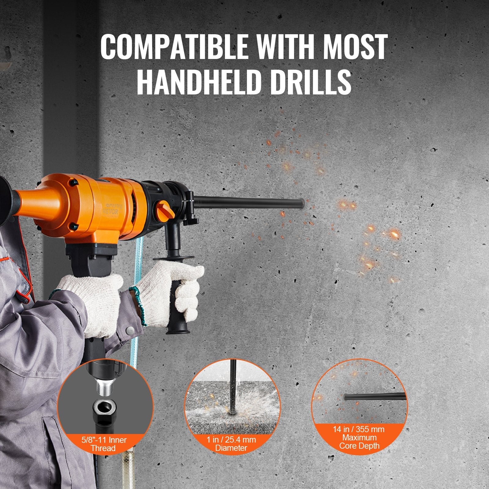 VEVOR Core Drill Bit, 1" Wet Diamond Core Drill Bits, 14" Drilling Depth Concrete Core Drill Bit, 5/8"-11 Inner Thread, Laser Welding, Diamond Wet Coring Bit for Concrete Brick and Block 