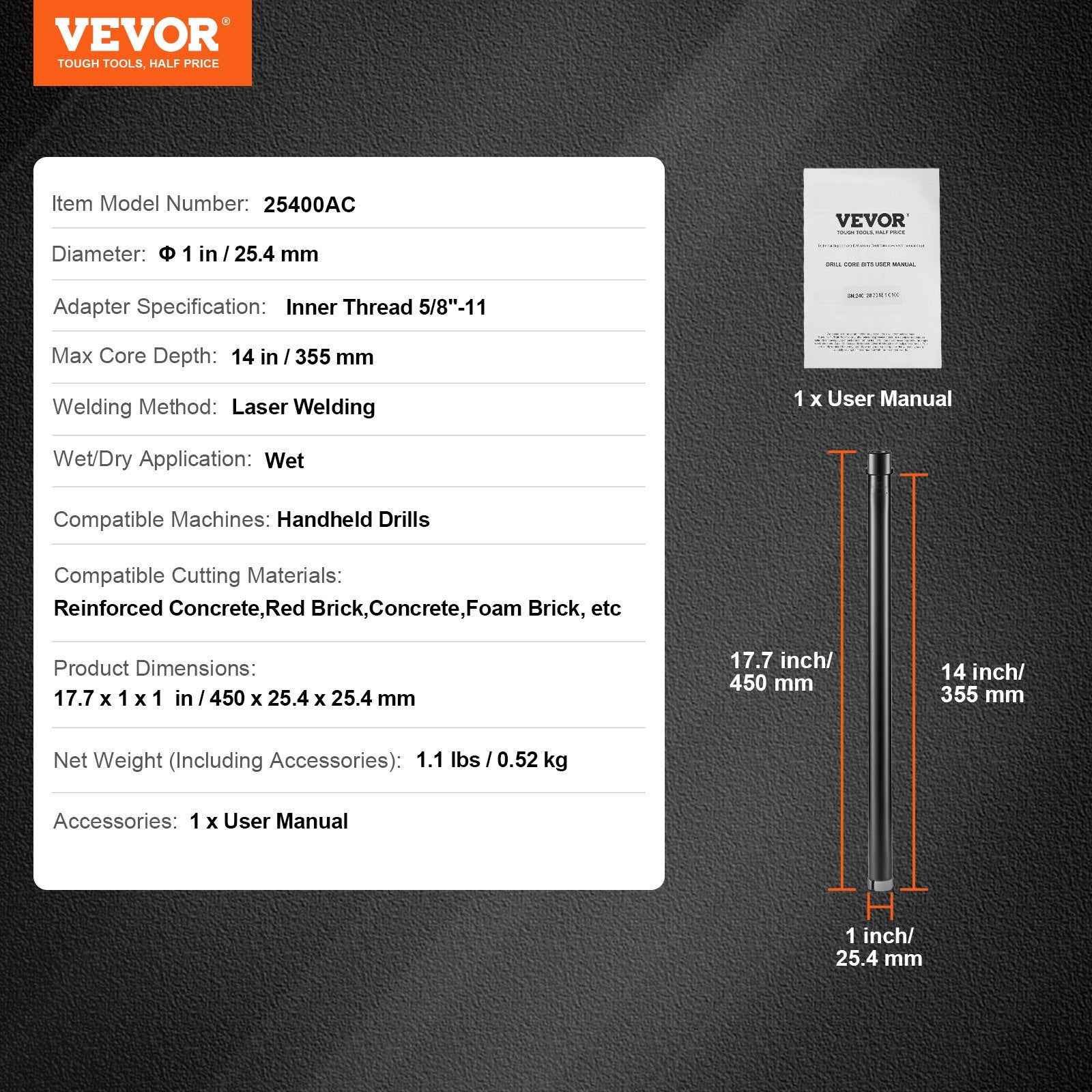 VEVOR Core Drill Bit, 1" Wet Diamond Core Drill Bits, 14" Drilling Depth Concrete Core Drill Bit, 5/8"-11 Inner Thread, Laser Welding, Diamond Wet Coring Bit for Concrete Brick and Block 