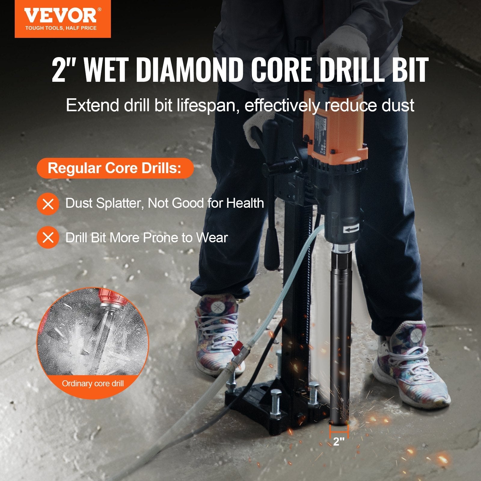 VEVOR Core Drill Bit, 2" Wet Diamond Core Drill Bits, 14" Drilling Depth Concrete Core Drill Bit with Saw Blade, 1-1/4"-7 Inner Thread, Laser Welding, Diamond Wet Coring Bit for Concrete Brick 